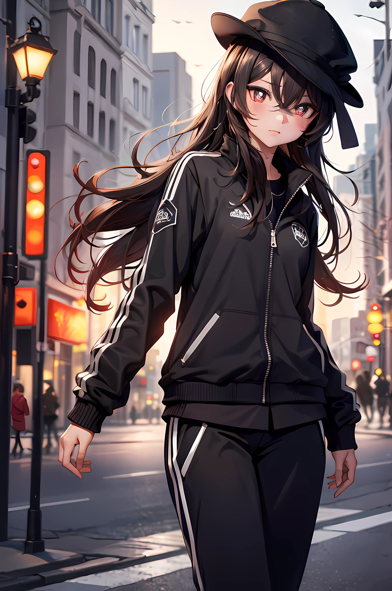 (best quality:1.1), (masterpiece:1.2), 1girl, high quality shadow, ((beautiful detailed)), (high detailed skin, skin details), (wide landscape, 8k), beautiful face, (detailed eyes), depth of field, dramatic light, best quality, highres, ((best shadow)), hu tao(genshin impact), boo tao, symbol shaped pupils, hat, smile, blush, long sleeve, sport jacket, black sport jacket, short pants, sport pants, night, street light