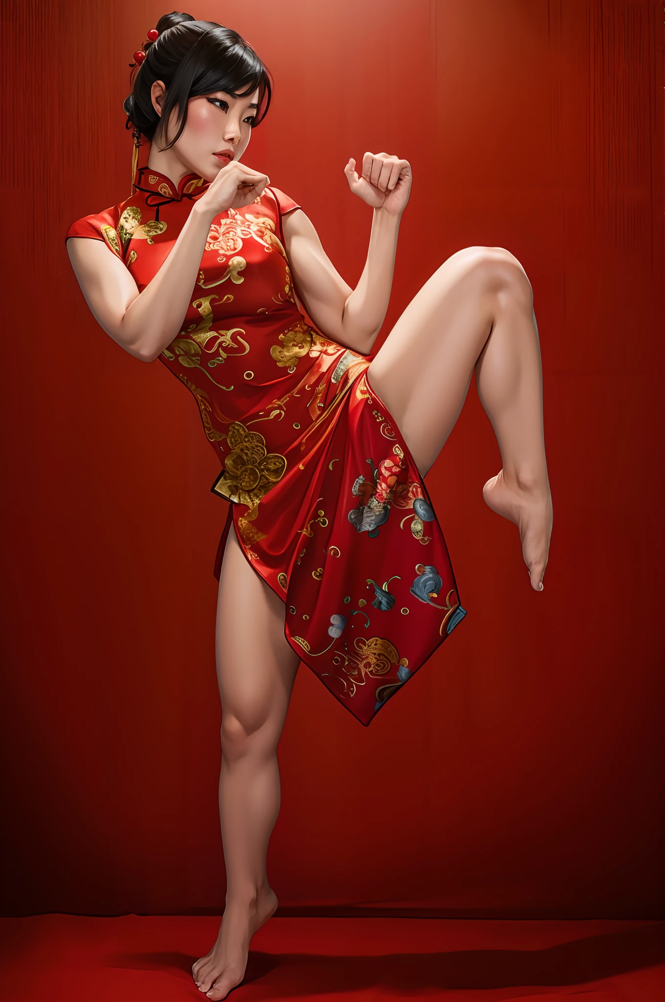 Asian woman in a red cheongsam, muscular, kung fu pose