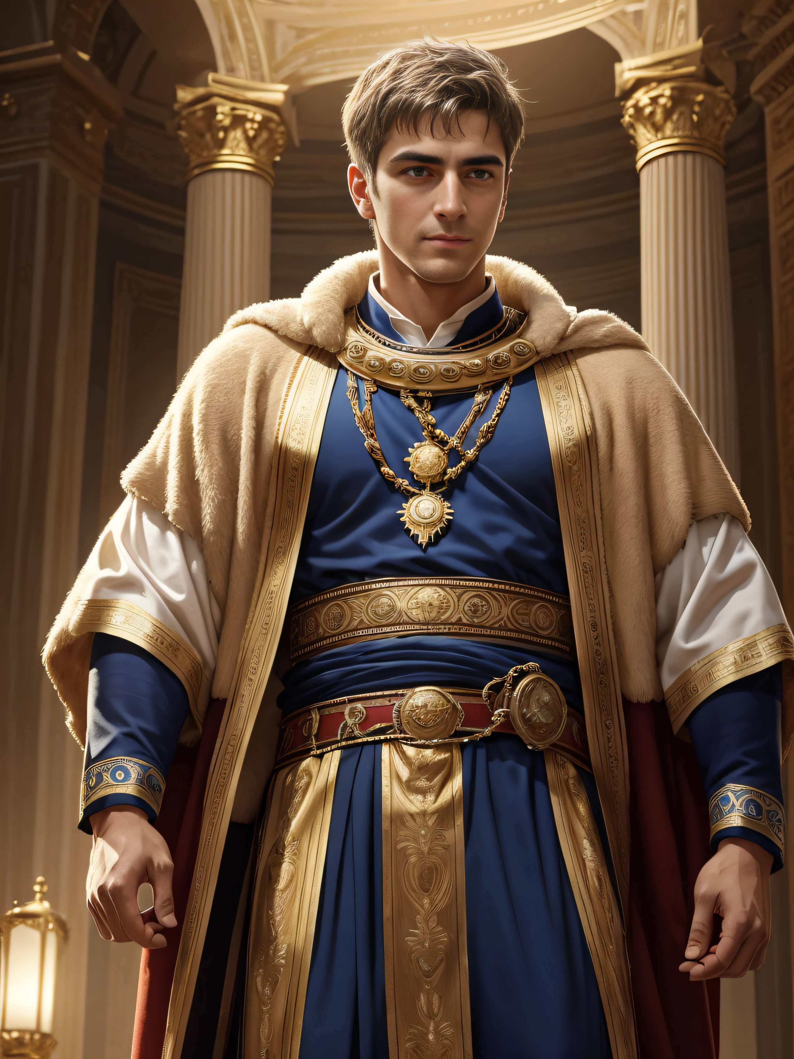 "(Best Quality, hight resolution), Portrait of Roman Emperor Constantine the Great, Standing in the Senate wearing a toga, Exudes authority and belief, hali々With a presence with. His eyes pierce like the eyes of a lion, Bright and intense focus. His smile is warm and charming, Reflects his belief in the prosperity of the empire. His strong neck and broad shoulders represent his physical strength. This scene is、Captures the customs and atmosphere of the later Roman Empire, Emphasis on authenticity. The artwork is in a realistic style, With vivid colors that bring out the grandeur of the moment. Lighting emphasizes the emperor's facial features, While illuminating the details of his noble expression、Cast a soft glow on his face."