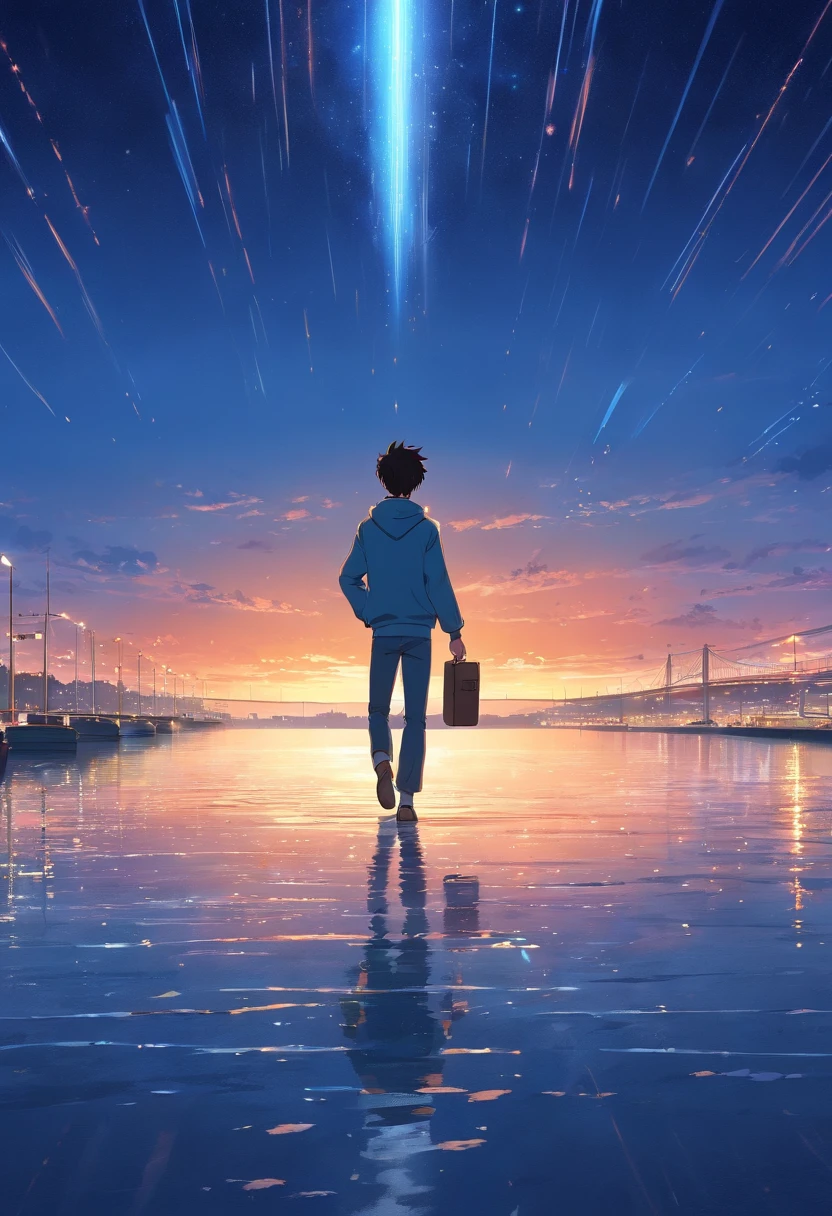 A Photograph: Cristiano Ronaldo, lost in contemplation, strolls along the Tagus River in Lisbon on a moonlit night. Suddenly, a blazing meteorite streaks across the sky, casting an ethereal glow on the surroundings. Capture this anime-inspired moment of cosmic wonder and introspection.