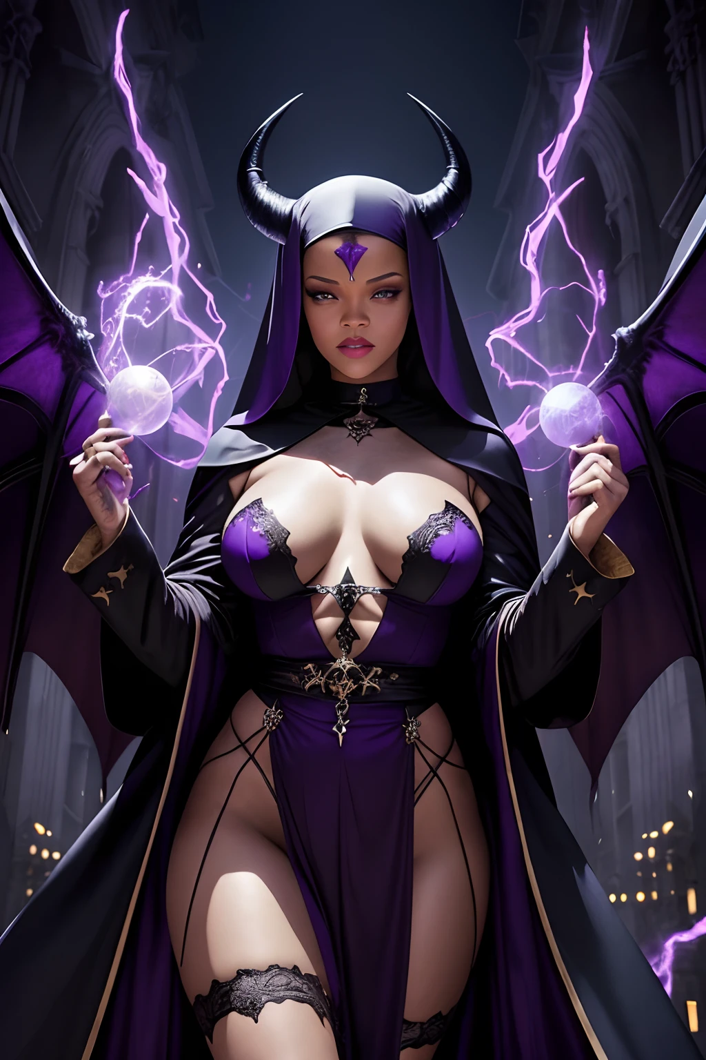 Rihanna : The evil nun, Demon horn, Demon wings on the head , sexy robe de nonne, His hands preparing a sphere of purple energy, diabolique, insidieux, His powerful magic hits the buildings of a city , Context of the Satanic Church, detailled eyes, detailed hands