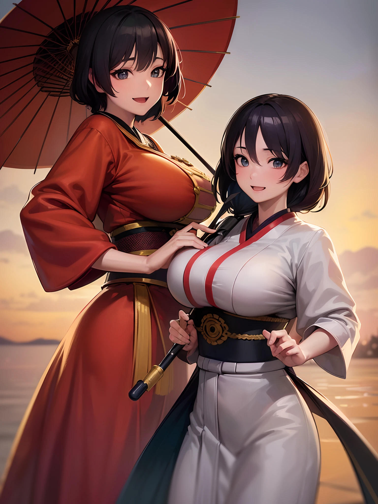 (A hyper-realistic), (Illustration), (High resolution), (8K), (Very detailed), (Best Illustration), (Beautiful and detailed eyes), (Best Quality), (ultra-detailliert), (master piece),Traditional Kyogen of Japan、((Two Dancing Women))、(huge-breasted:1.3),((holding umbrella))、Happiness Dance、celebration、Comedy stage、Comedians,A refreshing smile,(shine smile)