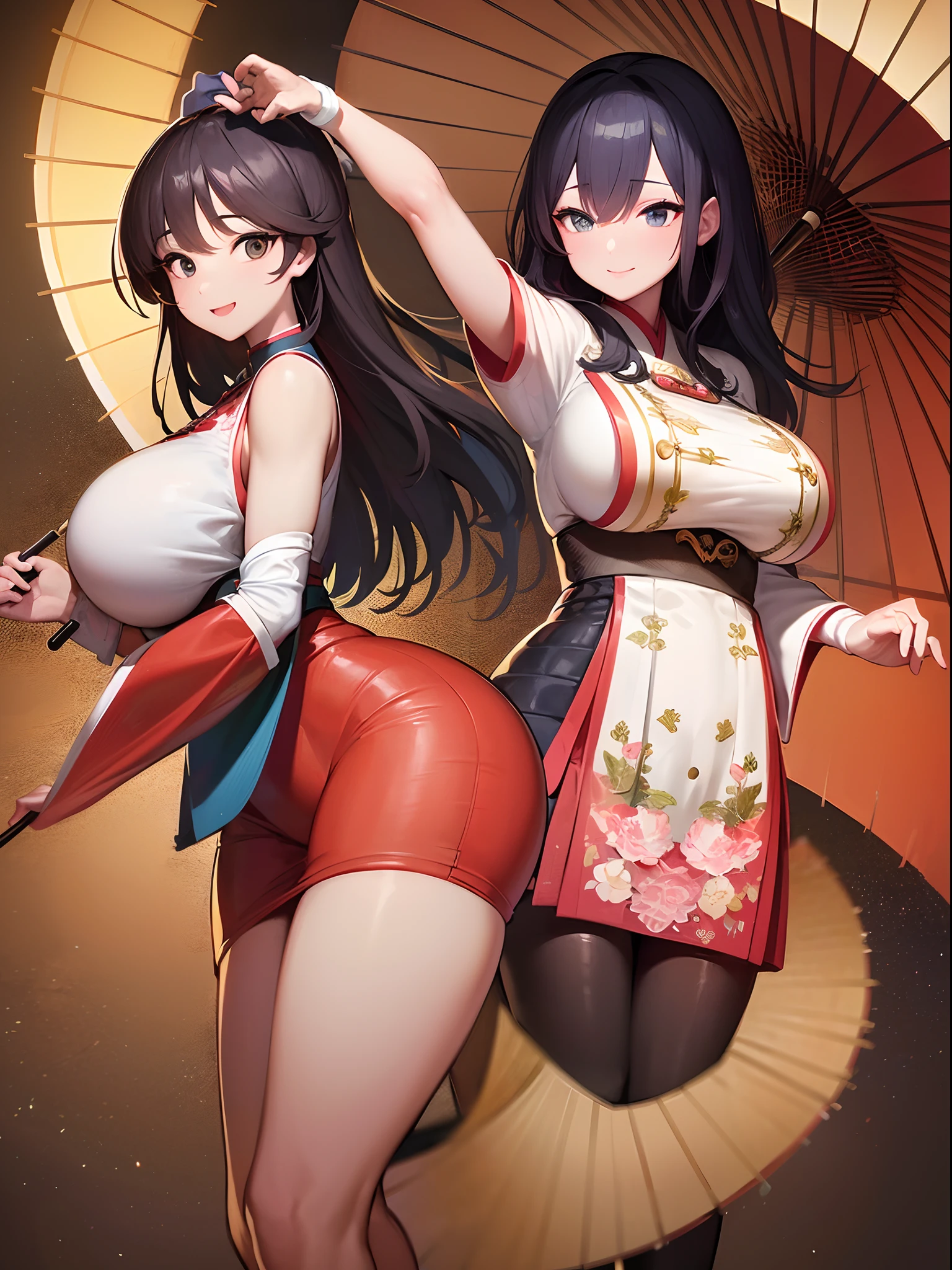 (A hyper-realistic), (Illustration), (High resolution), (8K), (Very detailed), (Best Illustration), (Beautiful and detailed eyes), (Best Quality), (ultra-detailliert), (master piece),Traditional Kyogen of Japan、((Two Dancing Women))、(huge-breasted:1.3),((holding umbrella))、Happiness Dance、celebration、Comedy stage、Comedians,A refreshing smile,Gentle smile,