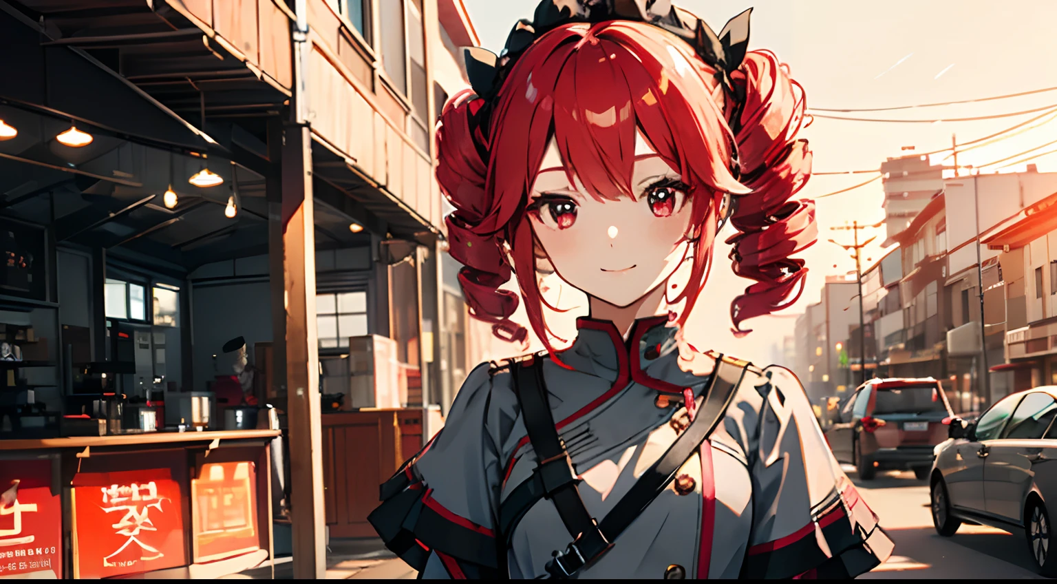 kawaii、1girl in、hiquality、((​masterpiece))、Tet、KasaneTeto、Twindrill hair、Smile in public、at stage、red hairs、neat clothes of neat gray color,、Red curly hair like a drill、red eyes、the setting sun（Spark:0.7）