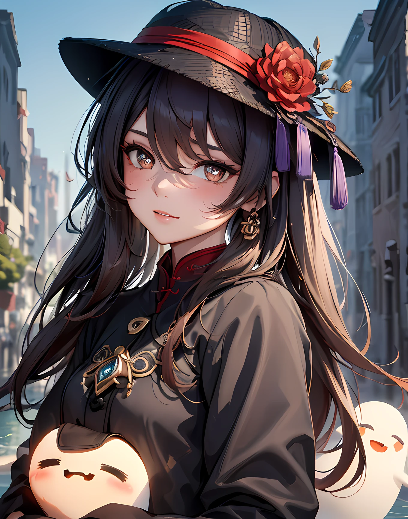 (best quality:1.1), (masterpiece:1.2), 1girl, high quality shadow, ((beautiful detailed)), (high detailed skin, skin details), (wide landscape, 8k), beautiful face, (detailed eyes), depth of field, dramatic light, best quality, highres, ((best shadow)), hu tao(genshin impact), boo tao, symbol shaped pupils, hat, smile, blush,