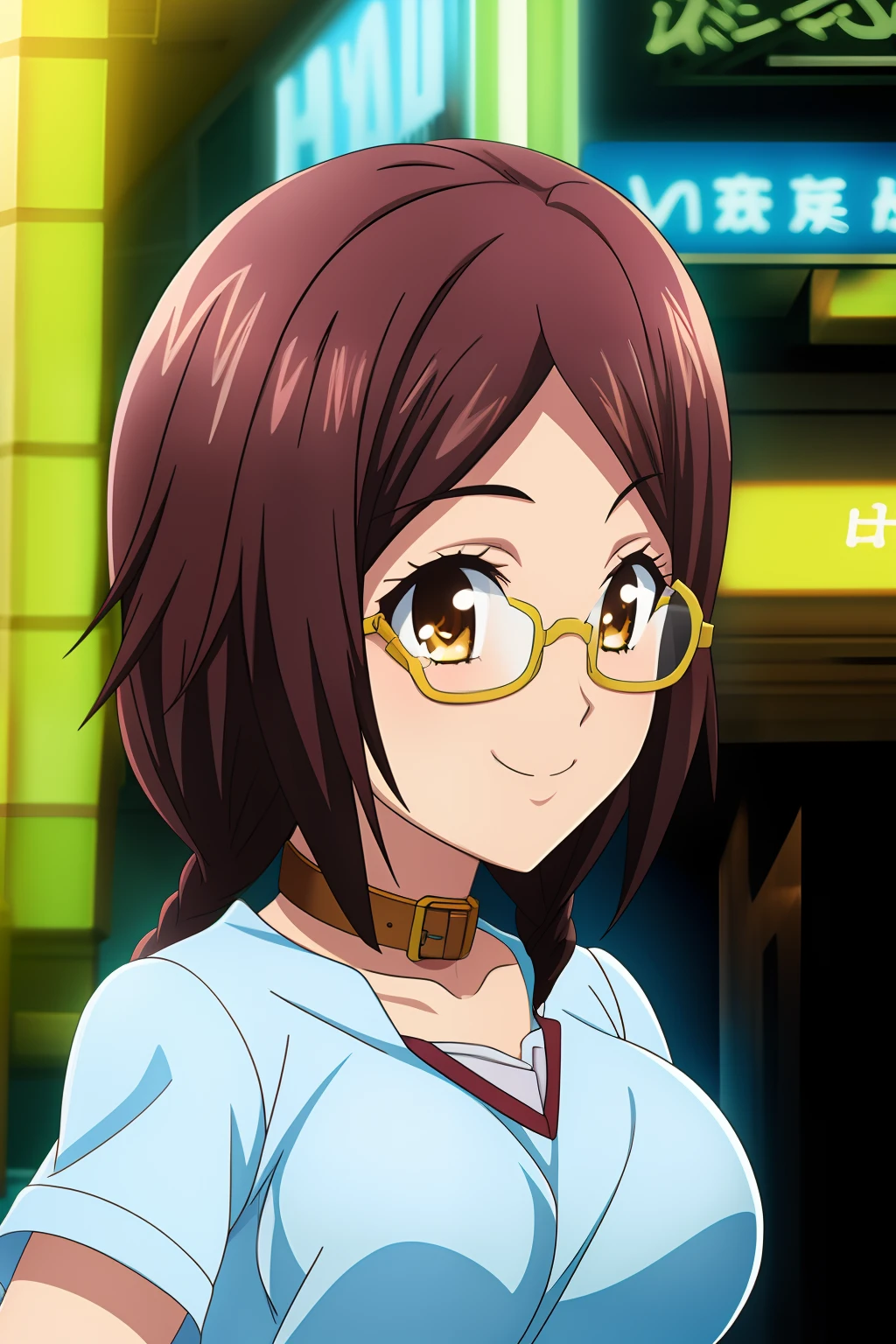 1girl, masterpice, high quality, best quality, good anime picture, misaki, ((school uniform)), twin braids, ((collar)), hair ornament, upper body, big breasts, dynamic light and shadows, smile, (adjusting eyewear:1.2), multicolor outfit, yellow hair, cyberpunk background