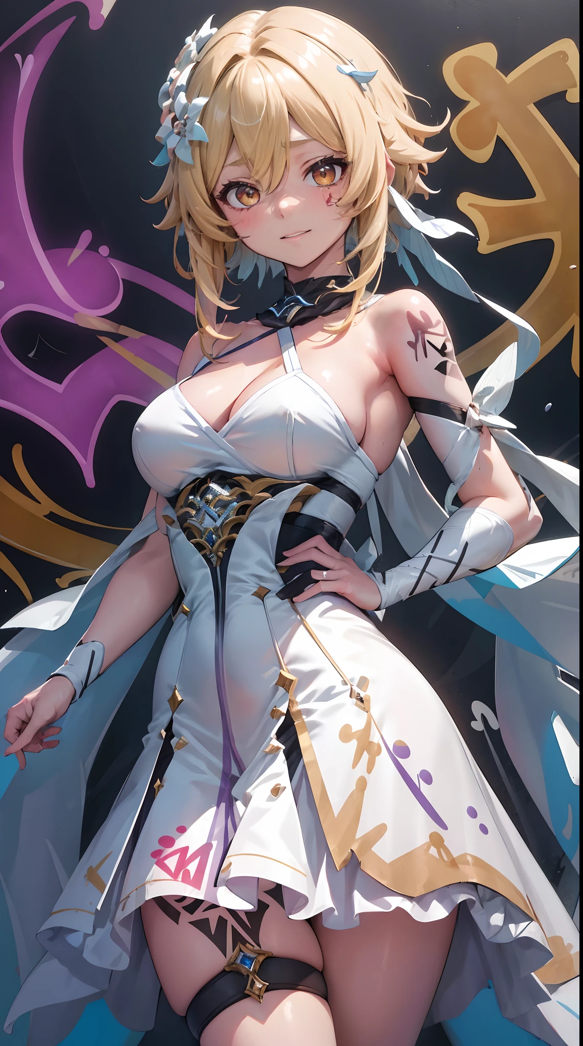 Lumine | genshin impact, master-piece, bestquality, 1girls,25 years old, proportional body, proportional., Wedding Dresses, White Wedding Dress, wedding, mediuml breasts, ,bara, choker, (Graffiti:1.5), Splash with purple lightning pattern., arm behind back, against wall, View viewers from the front., Thigh strap, Head tilt, bored, 10, 10, HD, slight smile,