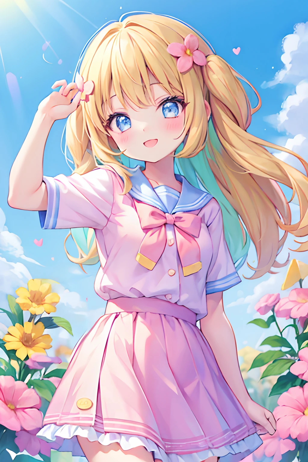 Ji-eun is a charming-looking blonde student. Ela tem longos cabelos loiros, loiros e sedosos que caem suavemente sobre seus ombros. His eyes are radiant and of a dazzling emerald green, que conferem um brilho especial ao seu rosto. Your skin is clear and flawless. Ji-eun is thin and has an elegant posture, seios grandes, quadril fino, bunda grande, beleza natural.

Uniforme escolar: Ji-eun veste um uniforme escolar branco, typical of South Korean schools. The blouse is adjusted to the body, com mangas curtas e uma gola preta, destacando sua figura esbelta. Saia azul, The skirt is pleated and goes to the knees, confirindo um ar jovial e fofo ao seu visual. Ela usa um par de meias brancas bem apertadas nas coxas, junto com sapatos pretos de estilo Mary Jane. Vistos de baixo.