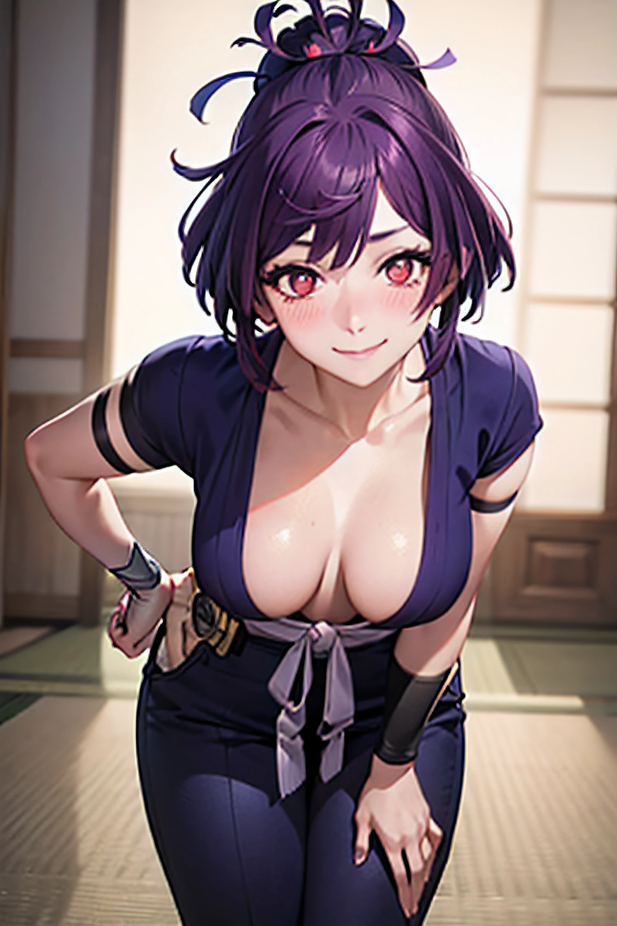 best quality, masterpiece, (leaning over:1.4),
1girl, yuzuriha_(jigokuraku), purple hair, brown eyes, ninja, open clothes, cleavage, small breasts, topknot, medium hair, breasts apart, seductive smile, pants, undressing, (blush:1.1), japanese exterior, temple,