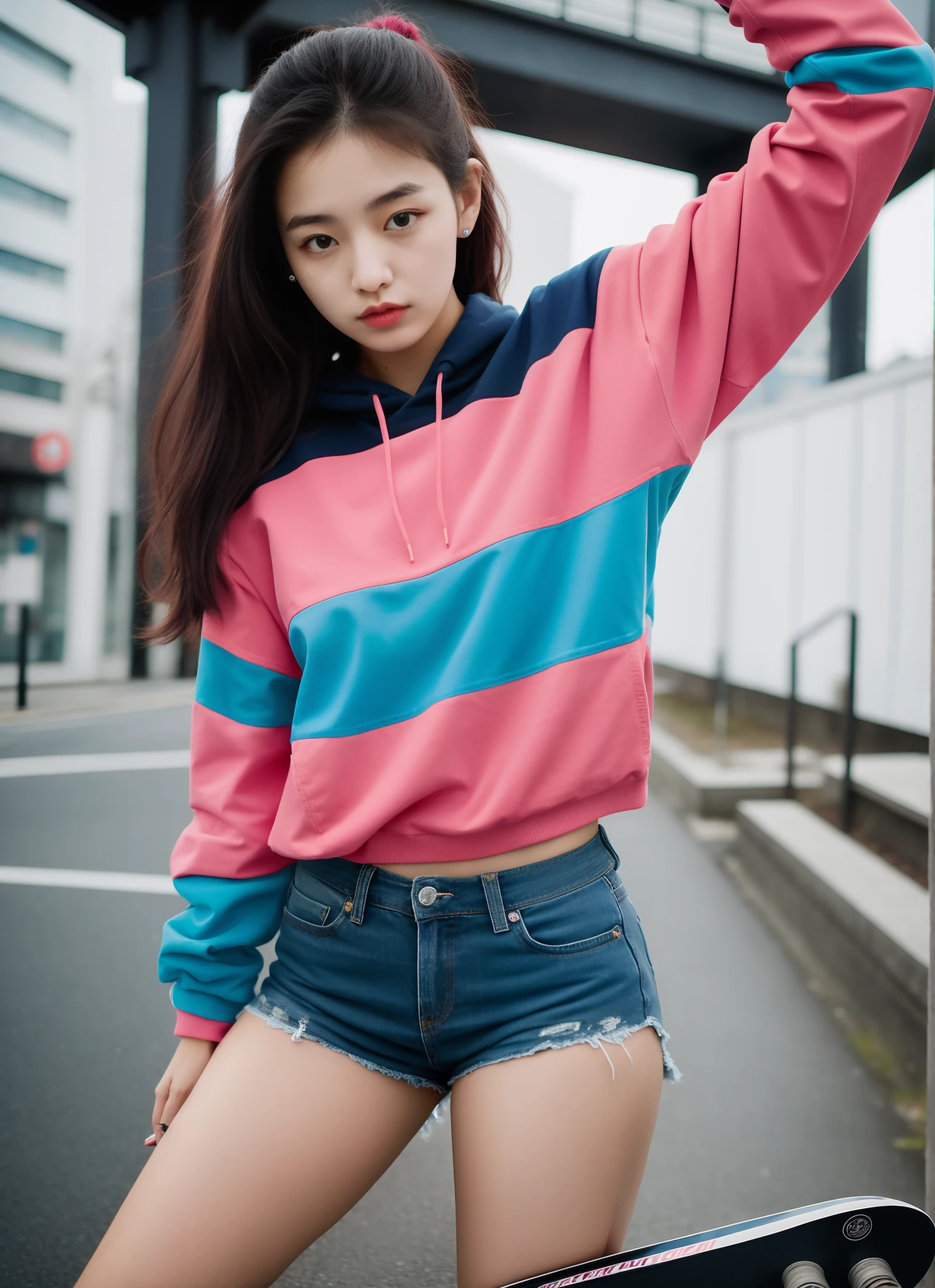 Mulher com uma camisa listrada rosa e azul apoiada em um skate, she is wearing streetwear, menina vestindo capuz, japanese streetwear, mulher no streetwear, Modelo de moda feminina coreana, portrait of a japanese teen, usando um capuz rosa, young asian girl, menina coreana, posando em uma rua urbana, rosa e azul, japanese model, Moda de rua japonesa
