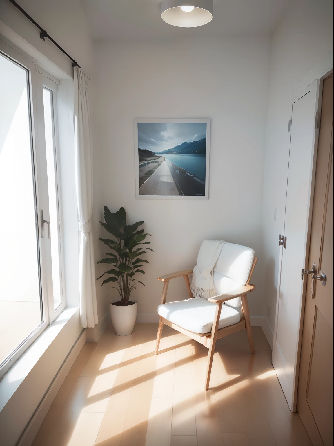 there is a chair and a table in a room,Inside there is a white picture frame, There is no frame for pictures,White, (((foster and partners, artist impression, artistic impression, author:Hamish MacDonald, author:Carey Morris, author:David Brewster, Higher detailed illustration, author:Helen Berman, A illustration, Detailed illustration, author:Nick Fudge, author:Warren Mahi, artist impression))),natural light in room, White interior, Elegant interior, modern art style, bright render,photography of, White - Colourful rooms,white fabric PRB textures, wooden floor PRB texture