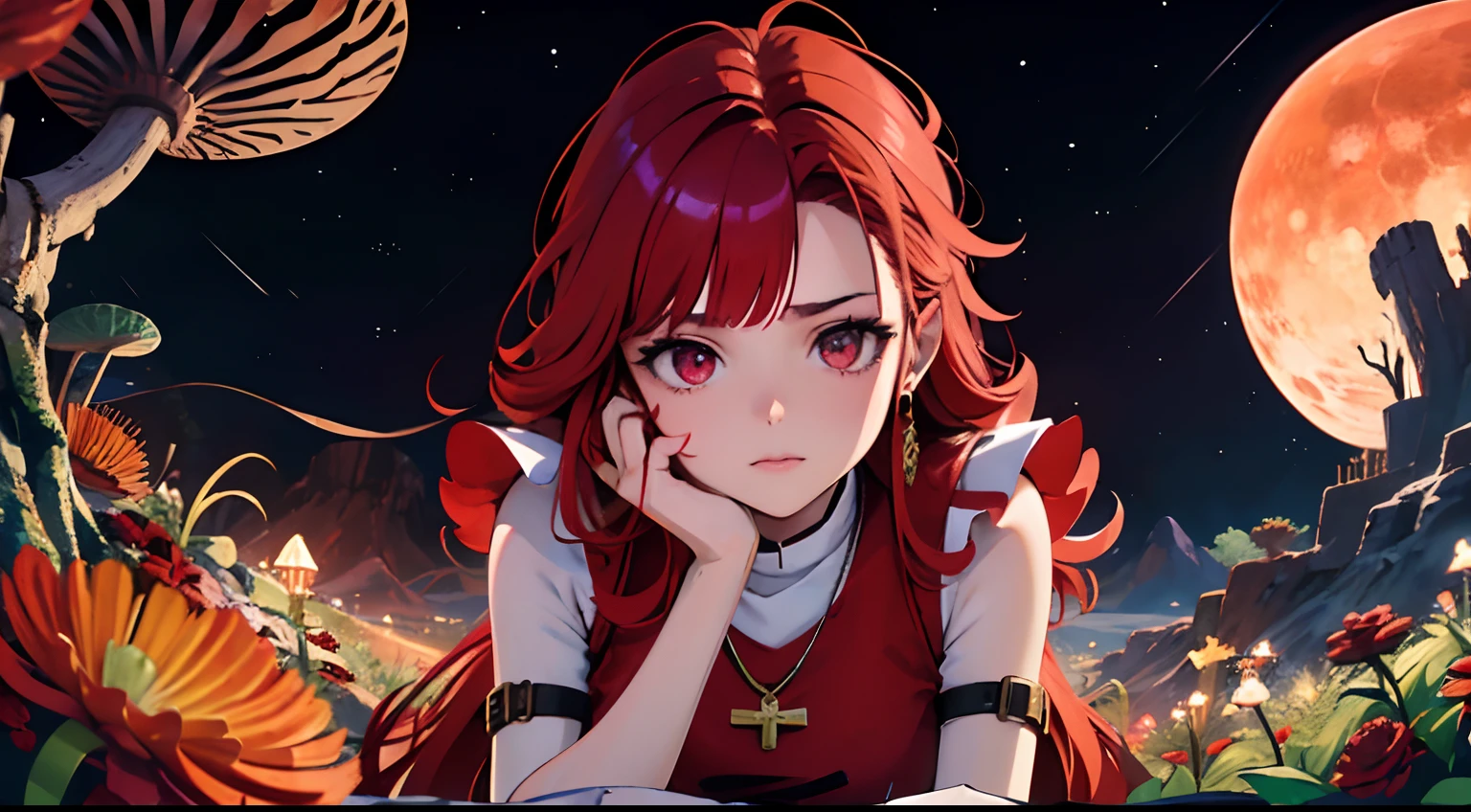 1 saint priest, red and white dress, red eyes, red hair,  girl, Spatula in hand, Best Quality, Ultra High Resolution, high detailed skin, high detailed face, belt, religious necklace, in a fantasy meadow, purple glowing tree, red sun, Best Quality, Ultra High Resolution, Best Quality, Ultra High Resolution,