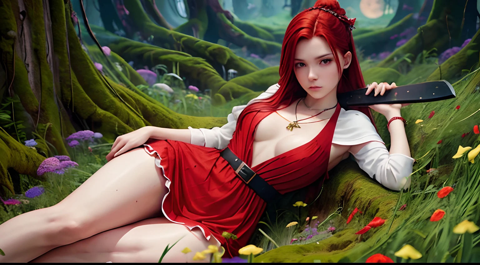 1 saint priest, red and white dress, red eyes, red hair, 16 years old girl, Spatula in hand, Best Quality, Ultra High Resolution, high detailed skin, high detailed face, belt, religious necklace, in a fantasy meadow, purple glowing tree, red sun, Best Quality, Ultra High Resolution, Best Quality, Ultra High Resolution,