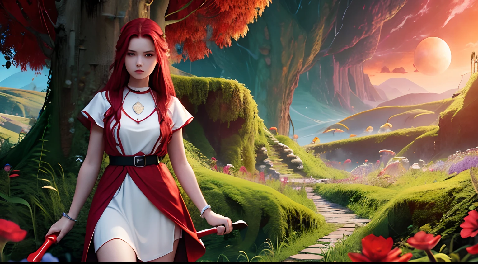 1 saint priest, red and white dress, red eyes, red hair, 16 years old girl, Spatula in hand, Best Quality, Ultra High Resolution, high detailed skin, high detailed face, belt, religious necklace, in a fantasy meadow, purple glowing tree, red sun, Best Quality, Ultra High Resolution, Best Quality, Ultra High Resolution,