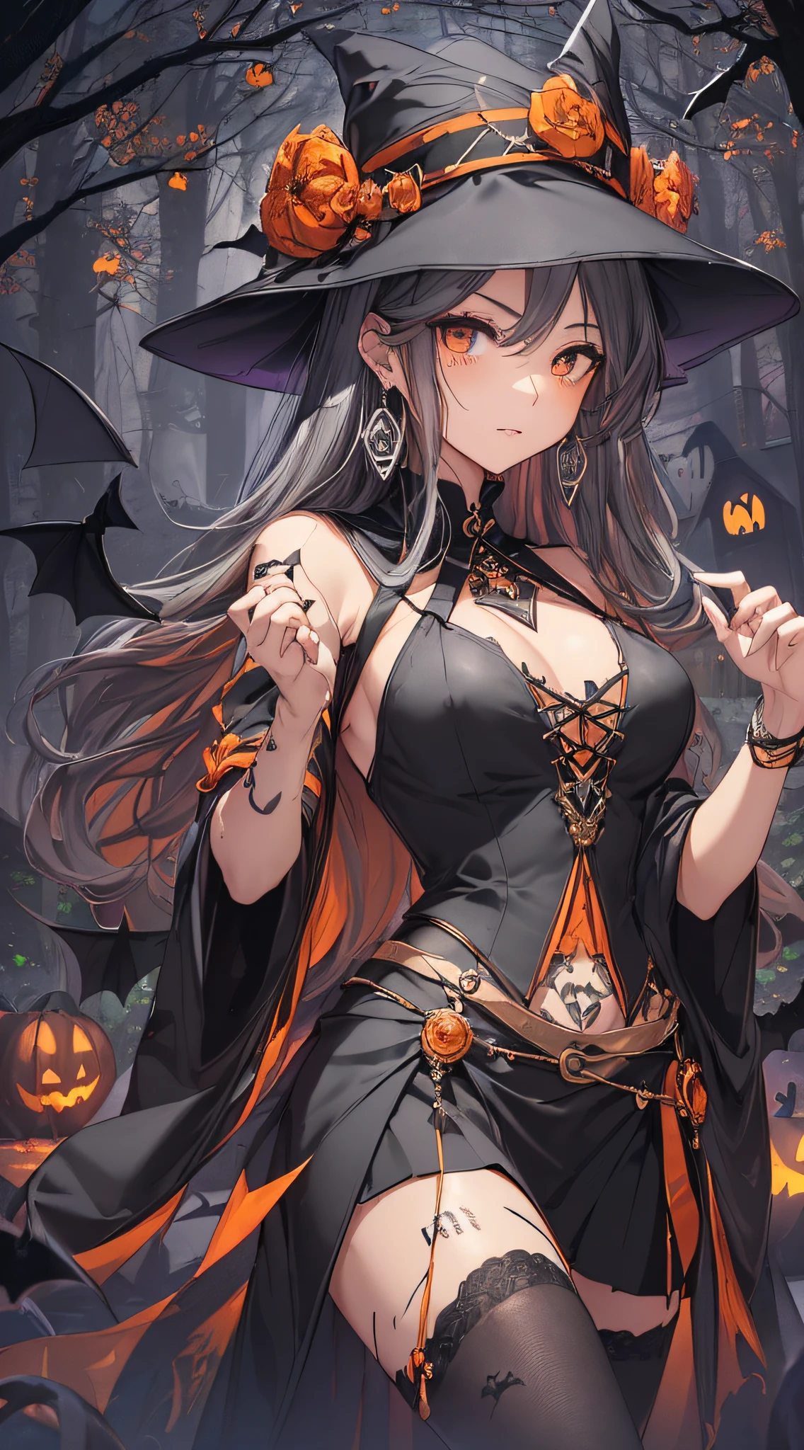 top-quality、Top image quality、​masterpiece、teens girl((18year old,Black Wizard Hat、Black and orange sexy clothes,Orange and black skirt、Orange muffler,Best Bust、Bust 85、a blond、Longhaire,silver eye、open chest wide、Valley、Happiness、A slender、Blood coating、Emphasis on the chest、Bats tattoo、Gold Earrings、Beckoning motion)）hiquality、Beautiful Art、Background with((natta、dark sky、Halloween at night、the bats、pumpkins,Nightmare、Halloween、in woods))、Depth(Beautiful black house),masutepiece、Elaborate design、visualart、high contract、The best lighting、highestdetailed