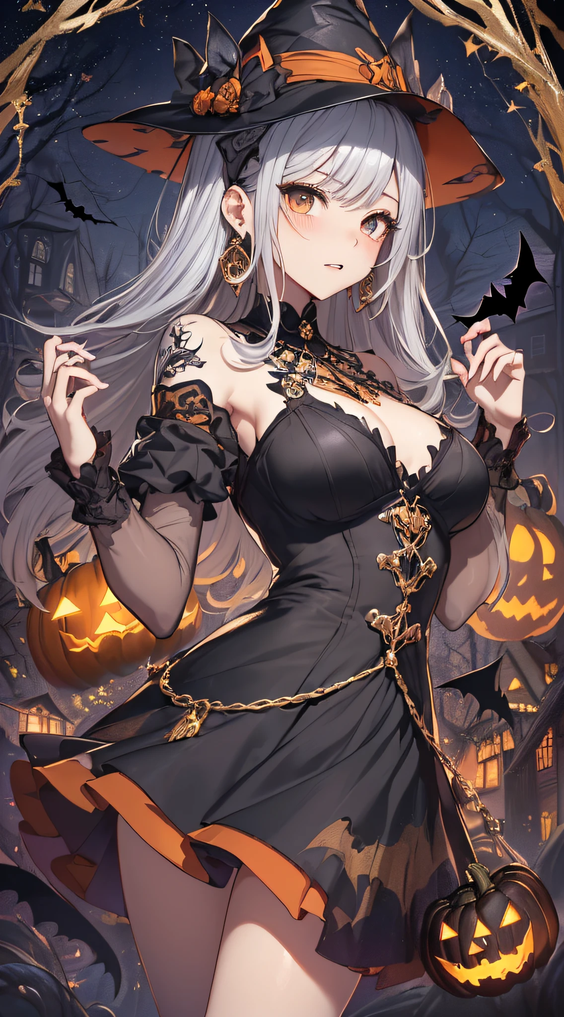 top-quality、Top image quality、​masterpiece、teens girl((18year old,Black Wizard Hat、Black and orange sexy clothes,Orange and black skirt、Orange muffler,Best Bust、Bust 85、a blond、Longhaire,silver eye、open chest wide、Valley、Happiness、A slender、Blood coating、Emphasis on the chest、Bats tattoo、Gold Earrings、Beckoning motion)）hiquality、Beautiful Art、Background with((natta、dark sky、Halloween at night、the bats、pumpkins,Nightmare、Halloween、in woods))、Depth(Beautiful black house),masutepiece、Elaborate design、visualart、high contract、The best lighting、highestdetailed
