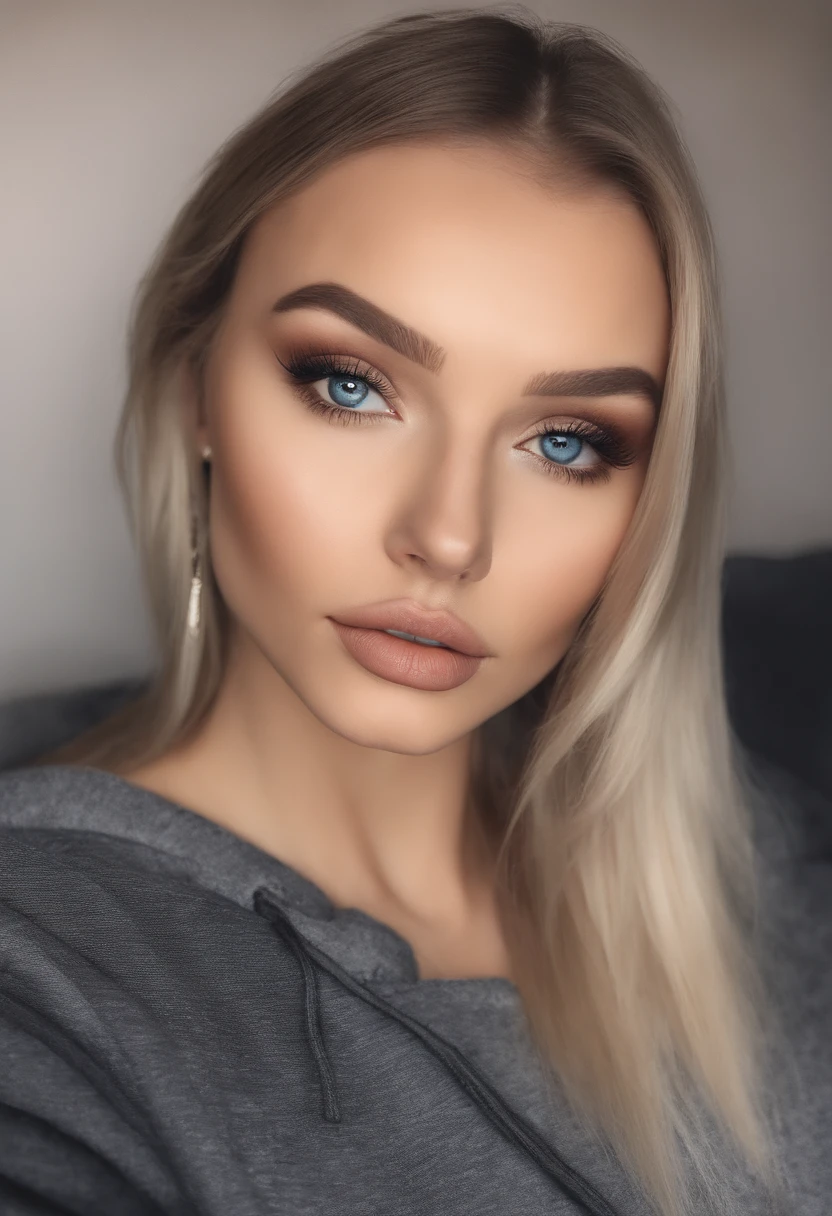 Frau mit passendem Hoodie, Sexy girl with blue eyes, portrait sophie mudd, portrait corinna kopf, blonde hair and large eyes, Selfie einer jungen Frau, Augen im Wohnzimmer, Violet Myers, ohne Make-up, Natural makeup, Blick direkt in die Kamera, Gesicht mit Artgram, dezentes Make-up, Stunning full body shot, im Wohnzimmer, auf Couch, Spaltung