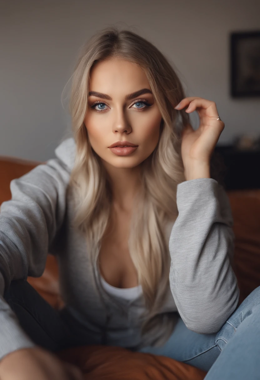 Frau mit passendem Hoodie, Sexy girl with blue eyes, portrait sophie mudd, portrait corinna kopf, blonde hair and large eyes, Selfie einer jungen Frau, Augen im Wohnzimmer, Violet Myers, ohne Make-up, Natural makeup, Blick direkt in die Kamera, Gesicht mit Artgram, dezentes Make-up, Stunning full body shot, im Wohnzimmer, auf Couch, Spaltung