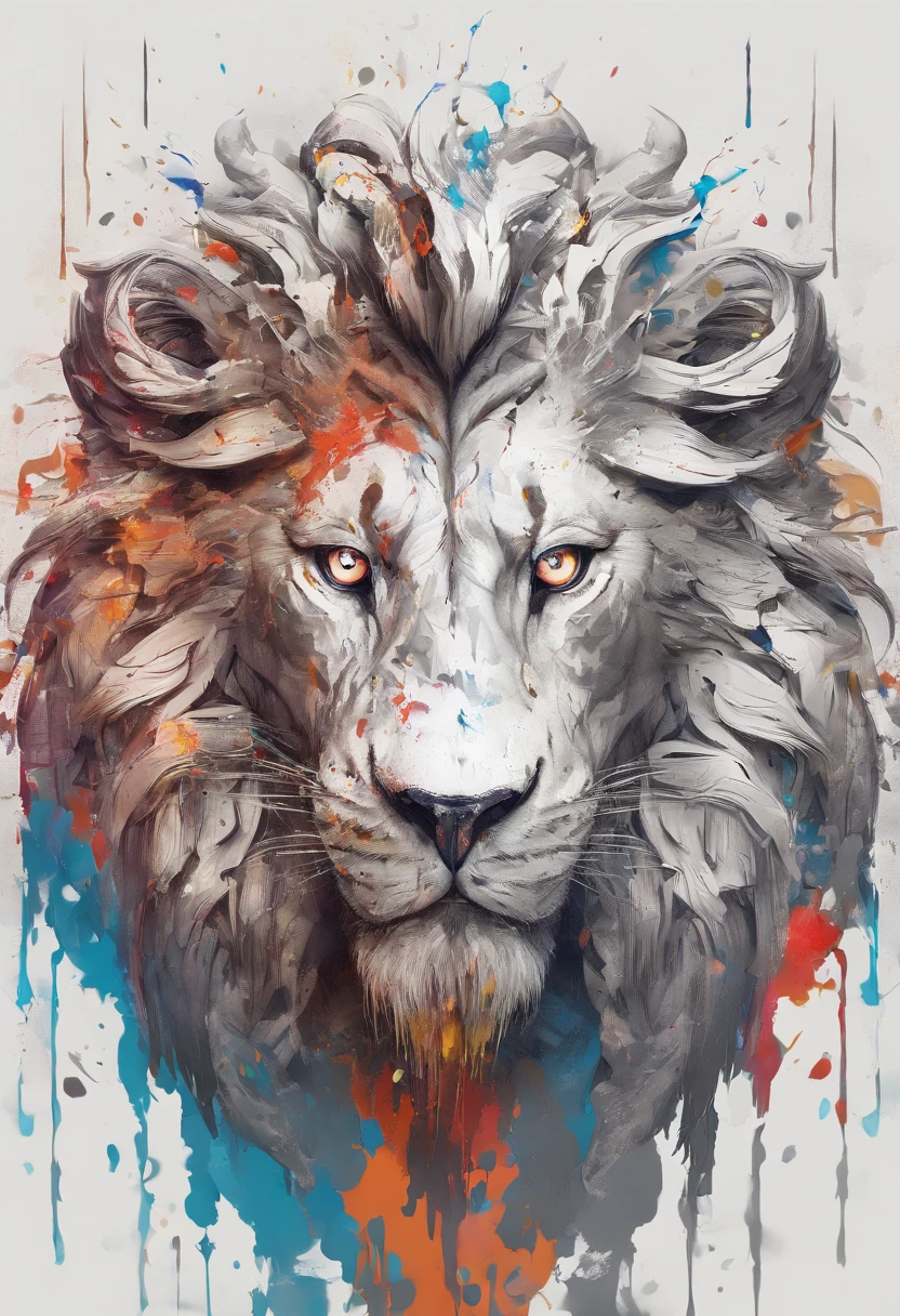 splashart, Lion's head, Well detailed mane ((white backgrounid)), piercingeyes, epic instagram, art  stations, Color paint splash style+, contour lines, hyperdetailed intricately detailed, Unreal Engine, magnifica, intricate detailes, splash screen, Complementary color scheme, Realistic concept art, 8K分辨率, Masterpiece of deviance, an oil painting, heavy brushstrokes, Ink Drop, Splash gear