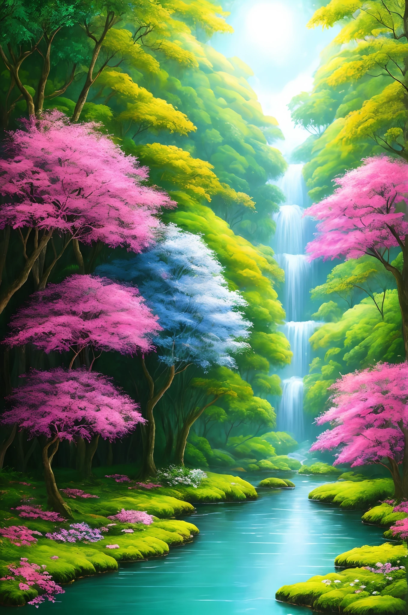 uma pintura de uma mulher em um vestido rosa caminhando por uma floresta, magic fantasy forest, floresta da fantasia, enchanted magical fantasy forest, arte de fantasia digital colorida, arte digital muito bonita, whimsical fantasy landscape art, magic fairy forest, Arte bonita UHD 4K, magical forest backround, enchanted and magic forest, Pintura digital de fantasia, paisagem da floresta da fantasia, arte digital de fantasia detalhada