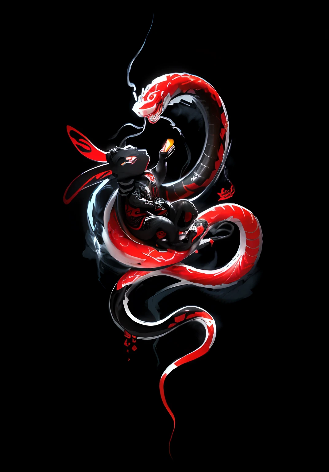 Photo of a snake wrapped around a monkey, concept tattoo design, tattoo design, tattoo design sketch, inspired by Shūbun Tenshō, Cute style Line composition,Only black, white, red, and red are used