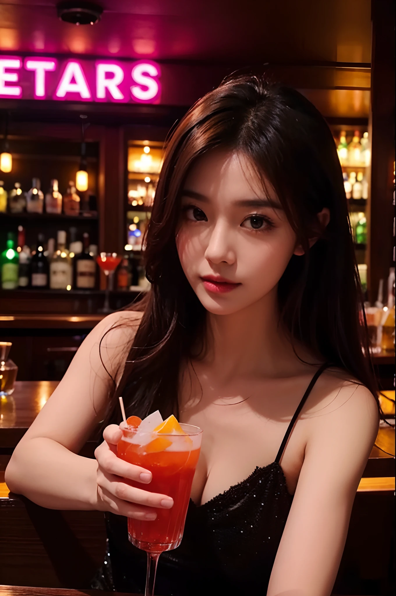 Girls Bar、Beautiful woman drinking alcohol in bar、Night Bar、Dark Bar、Beautiful beauties、Beauty drinking cocktail、Flashy hair