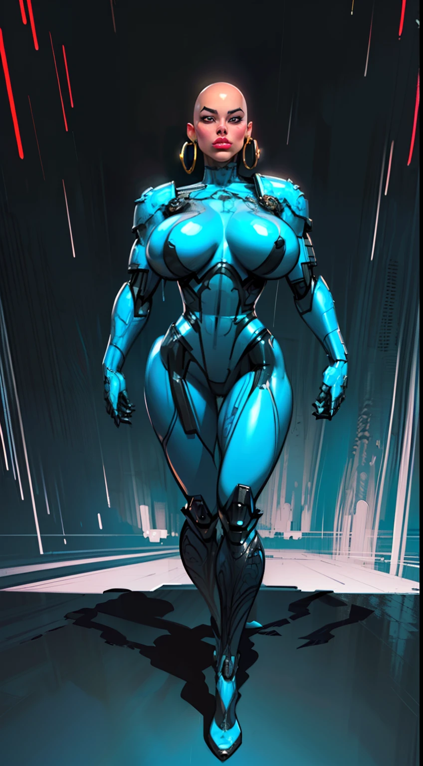 8k ((above view:1.4)), ((full body view))((view from below:1.5)),(large eyes:1.3), defined cheekbones, looking back, ((the pit style:1.4))((sleek dark blue bodysuit:1.6)) ((intricate metal details:1.4))detailed face:1.5), lightblue skin,(puffy lips:1.5) (lightblue skin:1.6), (bald woman:1.7), (skinhead) ((sexy pose)),(Muscular:1.3), ((gigantic breasts:1.5)), )highly detailed, Volumetric lighting, baroque oil painting by Greg Rutkowski, Artgerm, WLOP, dynamic angle,((intricate neon lines on bodysuit:1.3)), majestic, digital photography, best shadow, light particles, art by artgerm and ruan jia and greg rutkowski, ((metal shoulder pads:1.6)), (masterpiece), sidelighting, intricate details, (((black color palette)))