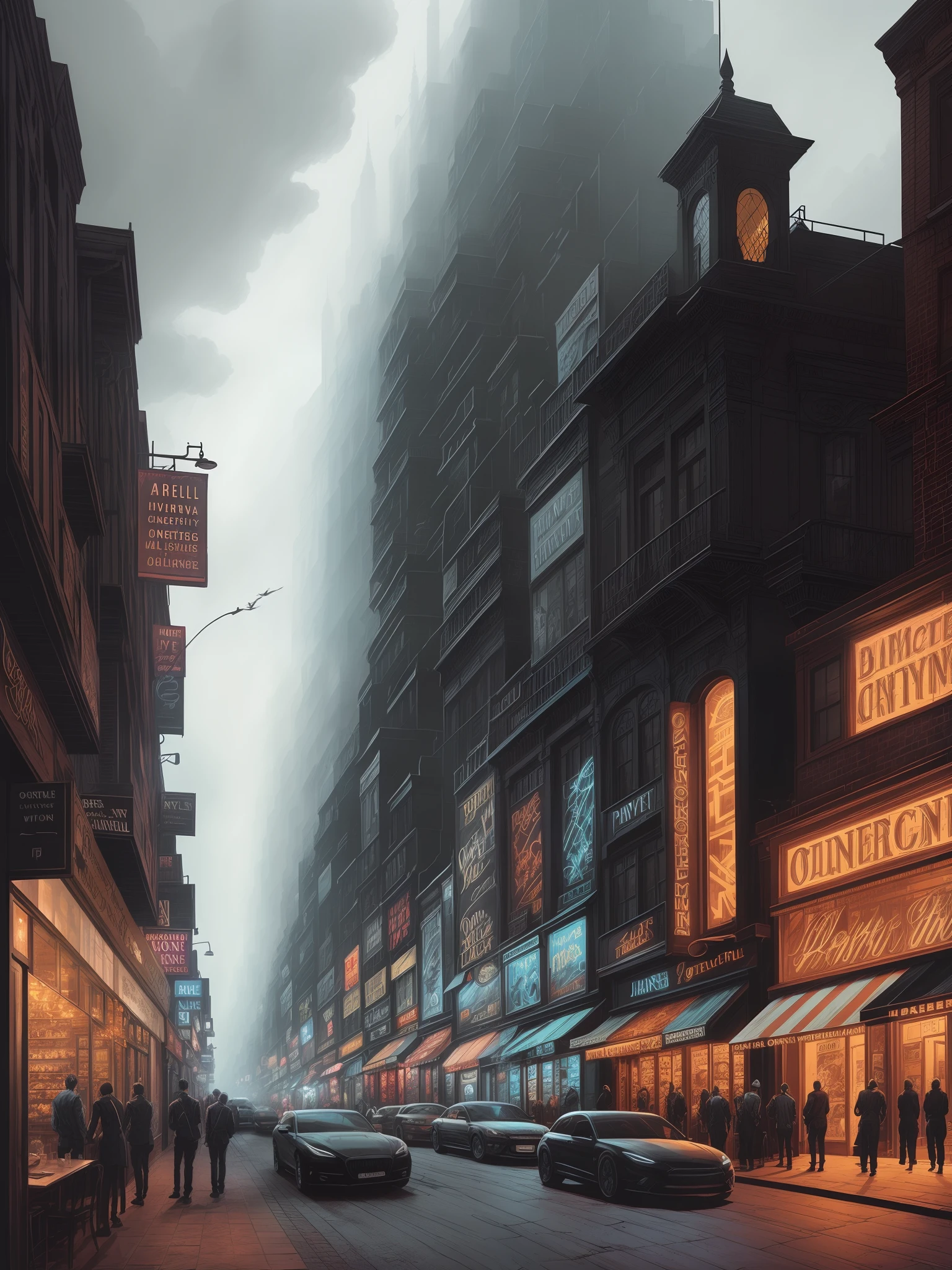 Jackson Heights, restaurant, store, Antique buildings, buildings, houses, cars, taxi, people wall on street, comic book style, beautiful detailed, Sci-Fi, digital art, high quality, perfect composition, dramatic lighting, professional ominous concept art, an intricate, elegant, highly detailed digital painting, concept art, smooth, sharp focus, illustration, the style of marvel comics, black background