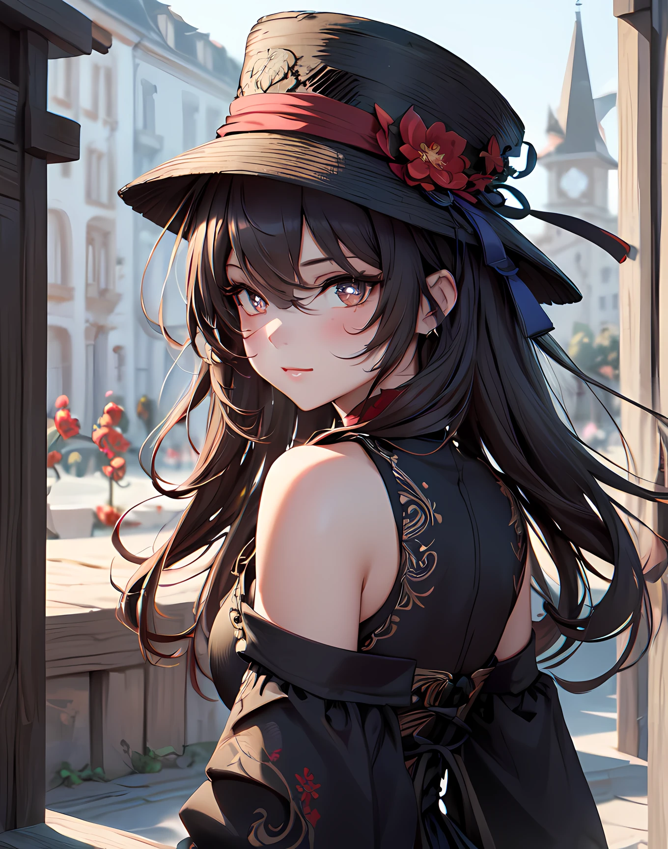 (best quality:1.1), (masterpiece:1.2), 1girl, high quality shadow, ((beautiful detailed)), (high detailed skin, skin details), (wide landscape, 8k), beautiful face, (detailed eyes), depth of field, dramatic light, best quality, highres, ((best shadow)), hu tao(genshin impact), boo tao, symbol shaped pupils, hat, smile, blush, medieval town