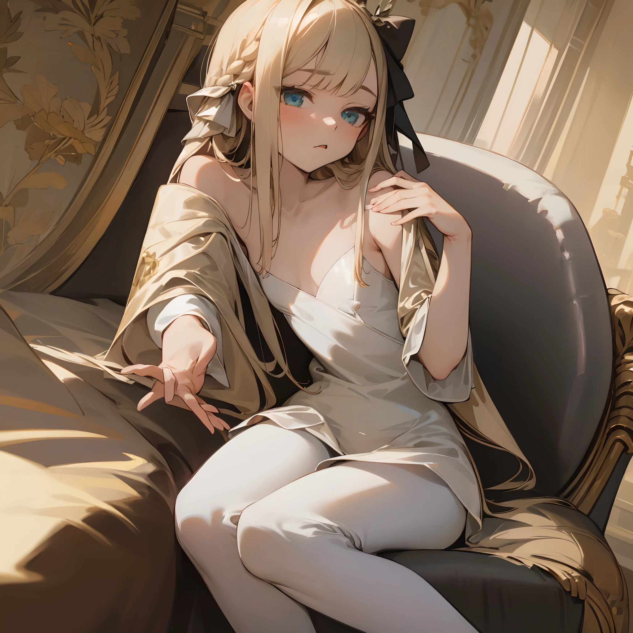 Reines, 1girl, high quality, best quality, illustration, masterpiece, (highly detailed:1.2), (extremely detailed:1.3), small breasts, bare shoulders, young girl, boa fleece loungewear, white pajamas, string ribbon, shortpants, braid, petite, loli, in a house