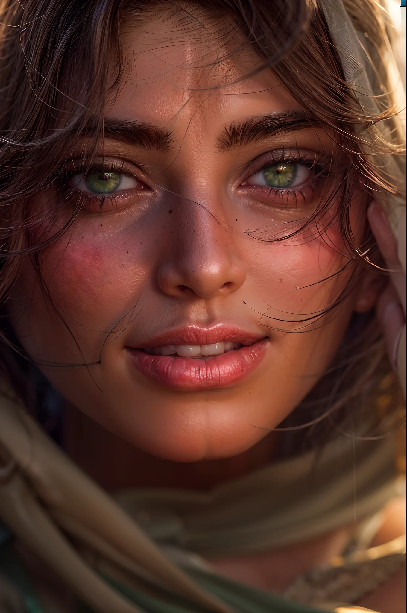 Cinematic soft lighting illuminates a stunningly detailed and ultra-realistic handsome Middle-Eastern female supermodel, beach look, ultra short messy light brown hair, clear green eyes, captivating perfect smile, sensual, hot woman, insanely handsome, that is trending on ArtStation. Octane is the perfect tool to capture the softest details of this 16k photography masterpiece.