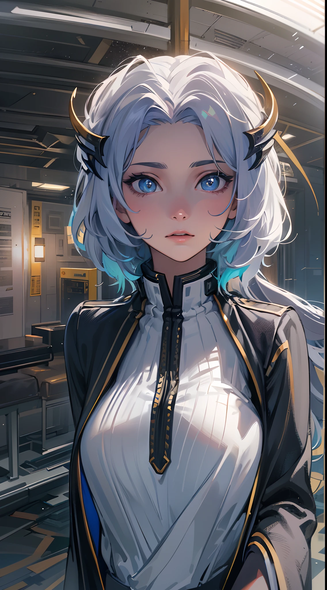 Black pantsuit， Black T-shirt with， melancholy lighting， A tranquil， peacful， luminance， tmasterpiece， best qualityer， （Ultra photo realsisim：1.3）， （tmasterpiece：1.4）， best qualtiy， （（realisticlying））， high high quality， ultra - detailed， （（Authentic images））， （（Realistic skin））， （（photorealiscic face））， （illustratio：1.05）， （Handsome：1.05）， （beatiful detailed eyes：1.05）， （cinematric light：1.1）， Blue in the detachment， perfect whole body，Black and blue clothes，White sneakers，（Beautiful women），(perfect body figure), long whitr hair，Detailed face, Perfect face, (The stands up), Detailed background, ((Bonifasko lighting)), (Detailed eyes), perfect pupils，a dark tanned skin，The halo，Angel wings，Kamimei