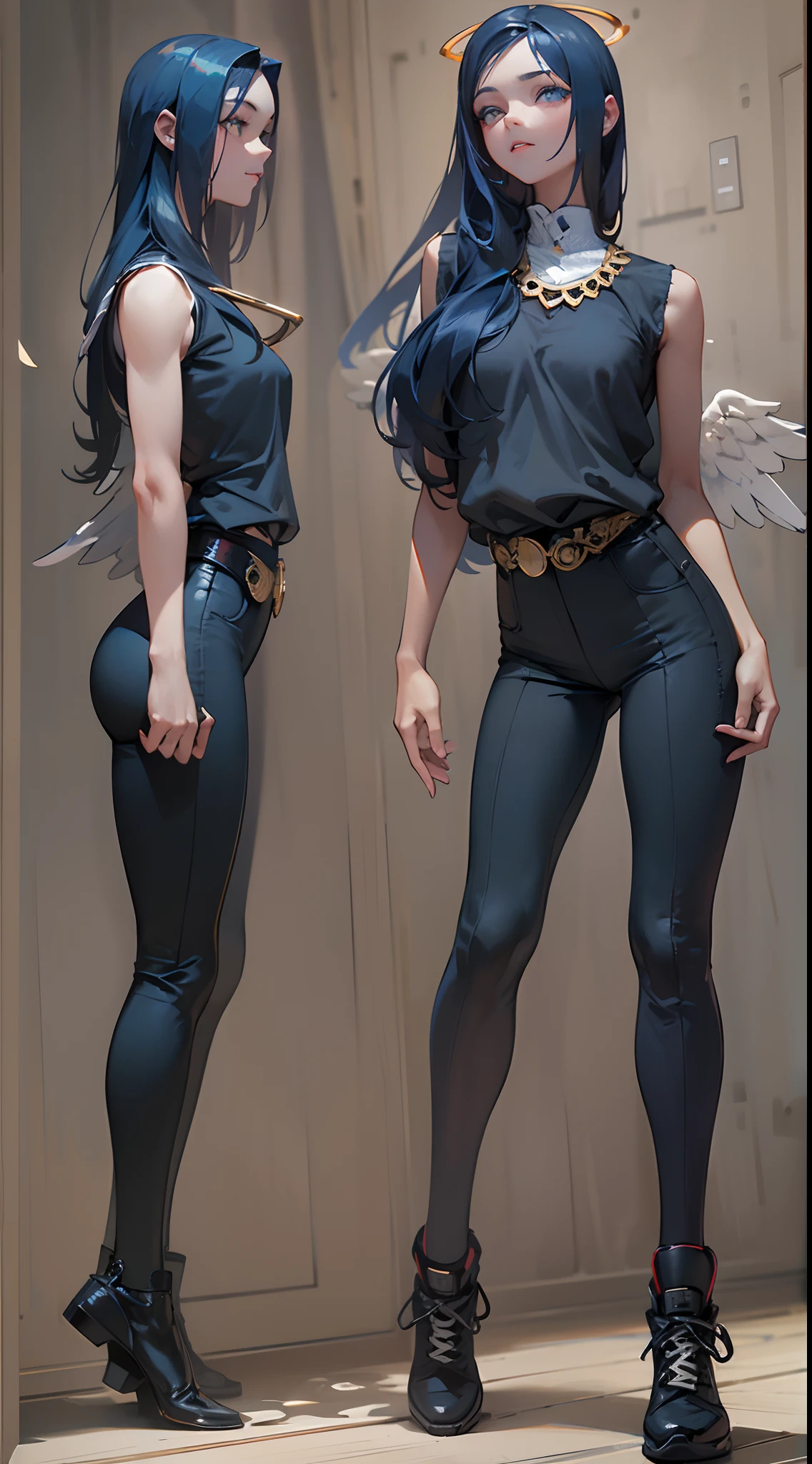 Black pantsuit, Black T-shirt with, melancholy lighting, A tranquil, peacful, luminance, tmasterpiece, best qualityer, (Ultra photo realsisim:1.3), (tmasterpiece:1.4), best qualtiy, ((realisticlying)), high high quality, ultra - detailed, ((Authentic images)), ((Realistic skin)), ((photorealiscic face)), (illustratio:1.05), (Handsome:1.05), (beatiful detailed eyes:1.05), (cinematric light:1.1), Blue in the detachment, perfect whole body,Black and blue clothes,White sneakers,(Beautiful women),(perfect body figure), long whitr hair,Detailed face, Perfect face, (The stands up), Detailed background, ((Bonifasko lighting)), (Detailed eyes), perfect pupils,a dark tanned skin,The halo,Angel wings,Kamimei