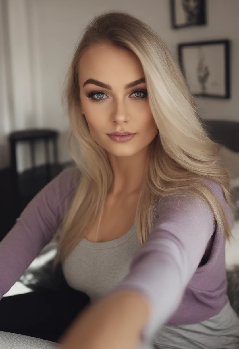 Frau mit passendem Hoodie und leggings vor Spiegel, Selfie mit iphone, Sexy girl with blue eyes, portrait sophie mudd, portrait corinna kopf, blonde hair and large eyes, Selfie einer jungen Frau, Augen im Wohnzimmer, Violet Myers, ohne Make-up, Natural makeup, Blick direkt in die Kamera, Gesicht mit Artgram, dezentes Make-up, Stunning full body shot, im Wohnzimmer, auf Couch, Spaltung