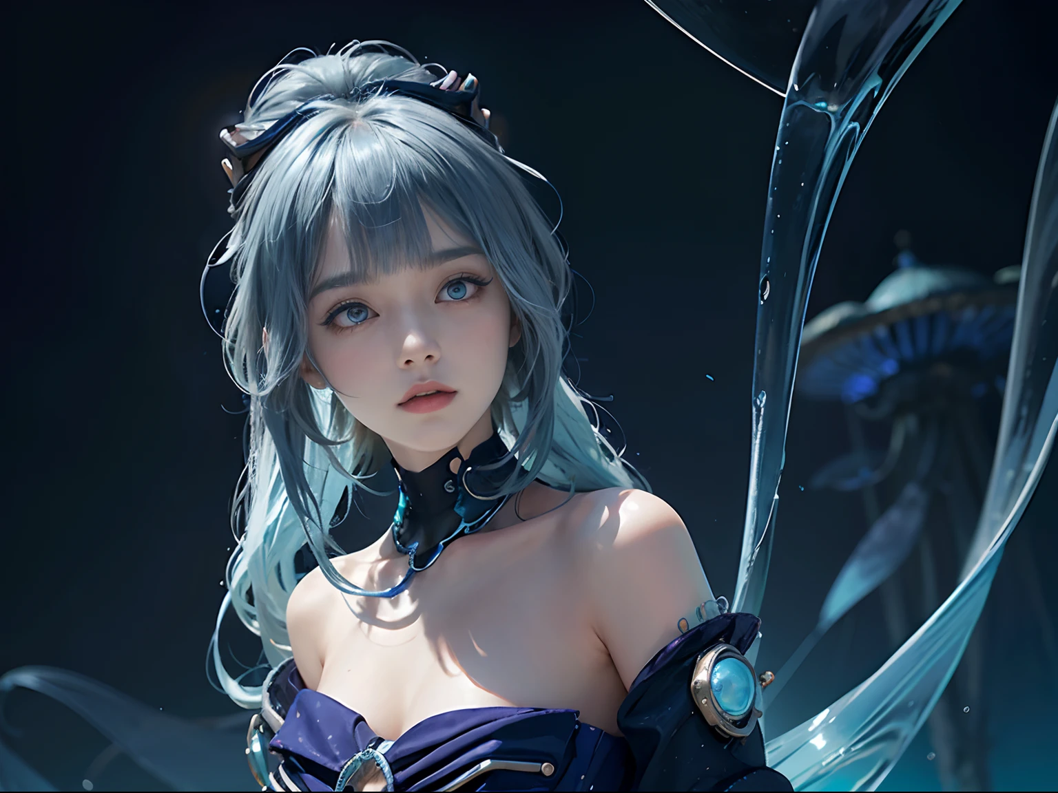 ((Masterpiece,Best quality)),Negative space:1.3,Faraway view，There was a woman posing with navy blue hair and jelly, There are many aquamarine jellyfish,Fine details, Humanoid sea blue female squid girl, Light and shadow background, Ocean blue hair and cyan eyes, cyberpunk jellyfish,