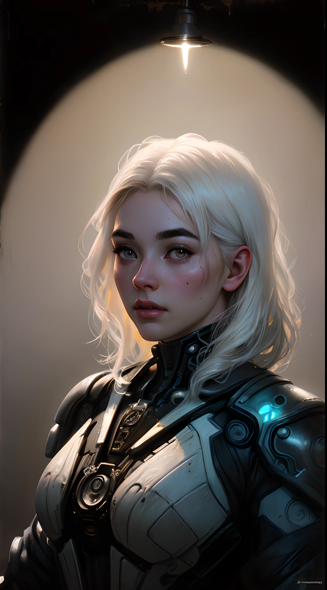 Stunning photorealistic portrait oil painting of 1 beautiful cyberpunk girl, albino, white skin, white shapeless cyberpunk hair, ((white eyebrows)), baroque intricate cyber armor, solo, hyperdetailed painting, luminism, Bar lighting, complex, 4k resolution concept art portrait by Greg Rutkowski, Artgerm, WLOP, Alphonse Mucha, realistic fantasy, fractal isometrics details bioluminescence, beautiful awesome, intricately detailed, cinematic, trending on artstation | Isometric | Centered hypereallistic cover photo awesome full color, dark, gritty, realistic, Alphonse Mucha, Gustav Klimt, ((chiaroscuro oil painting gradient background))