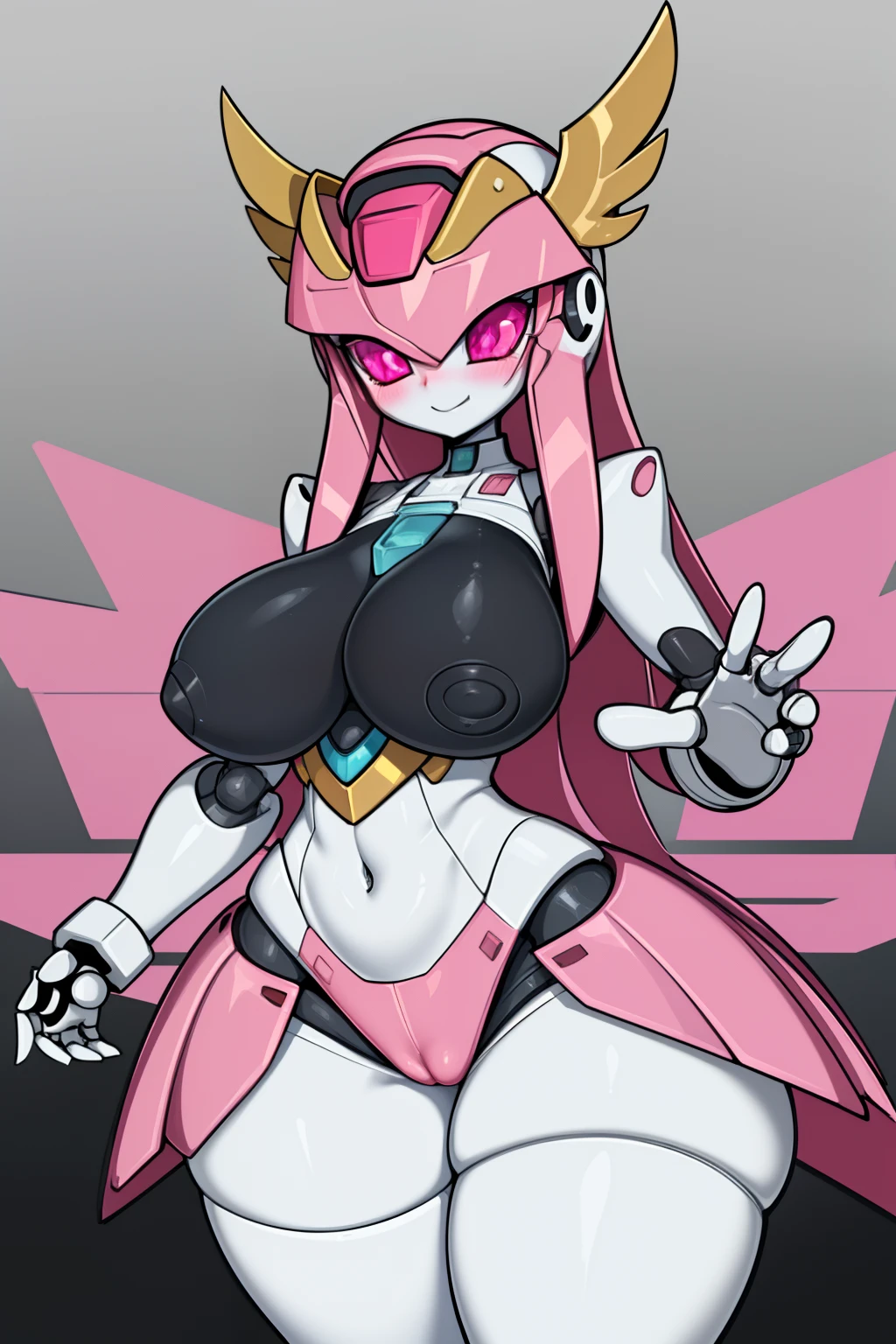 1girl,sexrobot,robot, robot joints,huge breasts,wide hips,thick thighs,blush,standing,science fiction,pink eyes,,mechanical skirt ,(happy),smile,half-closed eyes,(cowboy shot),