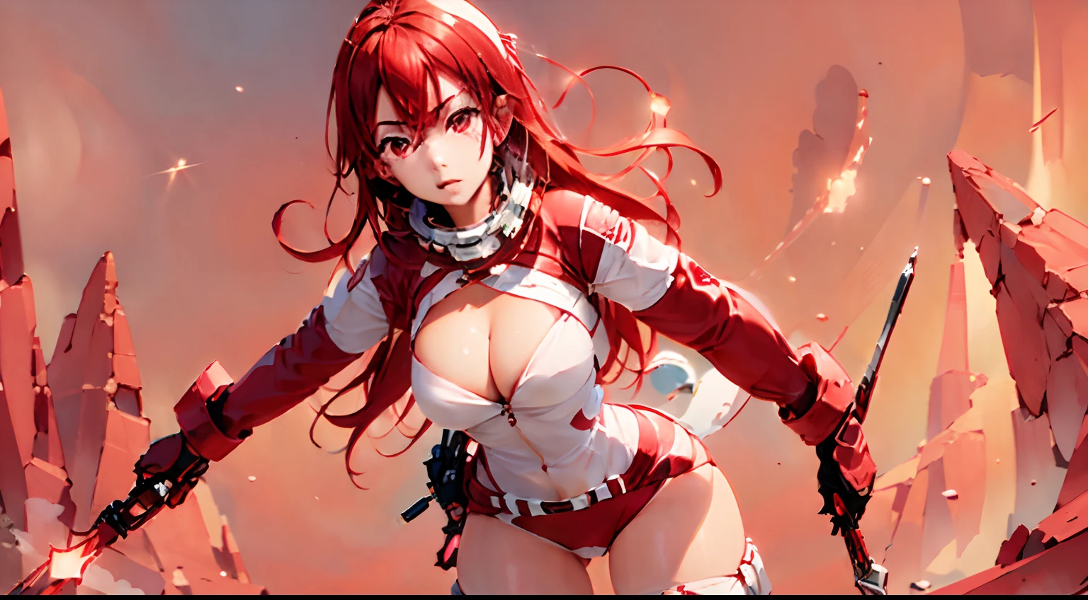 1 saint priest, red and white dress, red eyes, red hair,  girl, Spatula in hand, Best Quality, Ultra High Resolution, high detailed skin, high detailed face, belt, religious necklace, in a fantasy meadow, purple glowing tree, red sun, Best Quality, Ultra High Resolution, Best Quality, Ultra High Resolution,