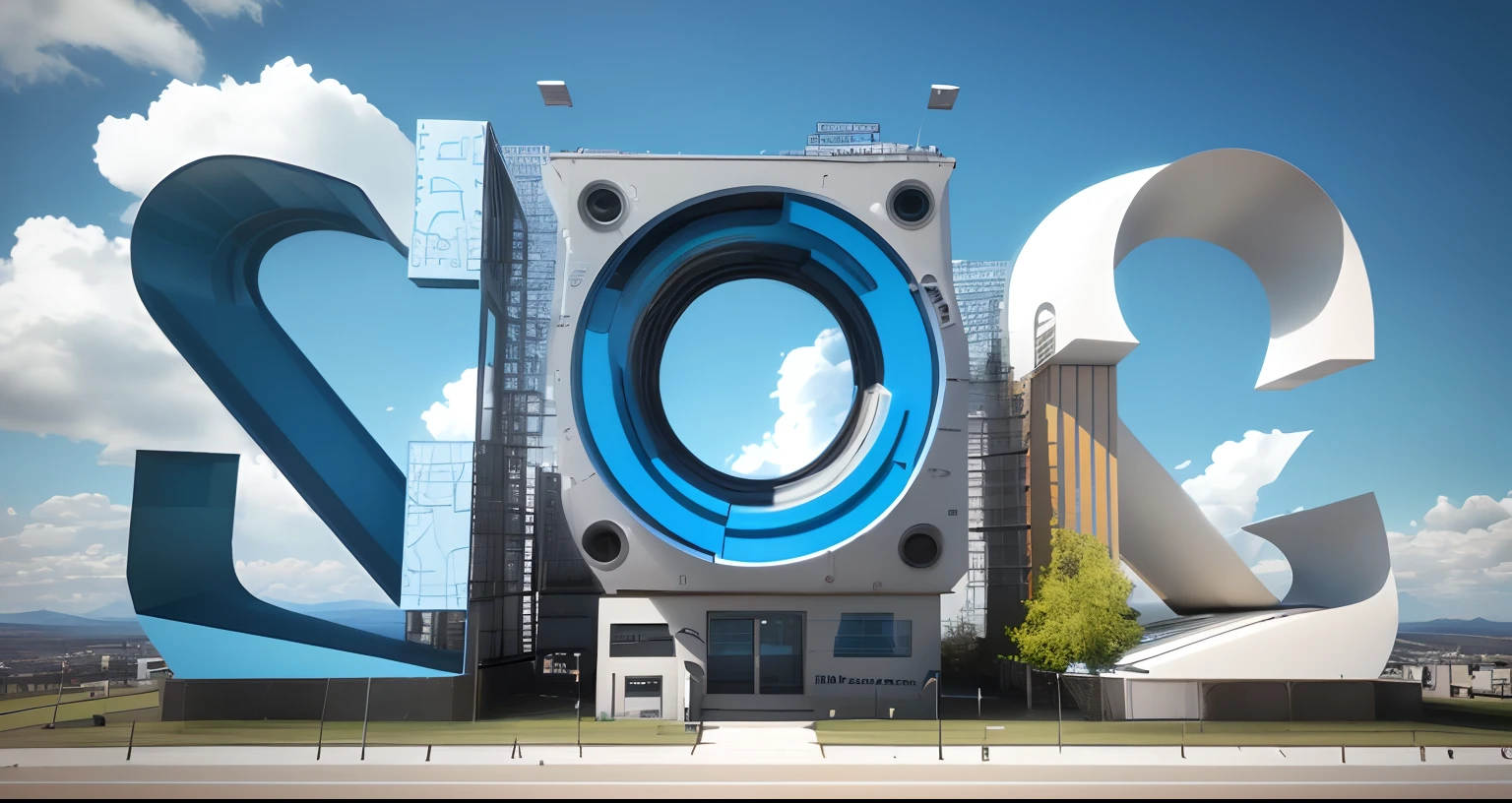 Large blue and white display, Bold experimental style, Blue, City signs, realistic blue skies, Futuristic technology, Minimalism, 8K 3D style, Blue and white, Harco, Industrial and product design, Hiking core, 32k ULTRAHD, New objectivity