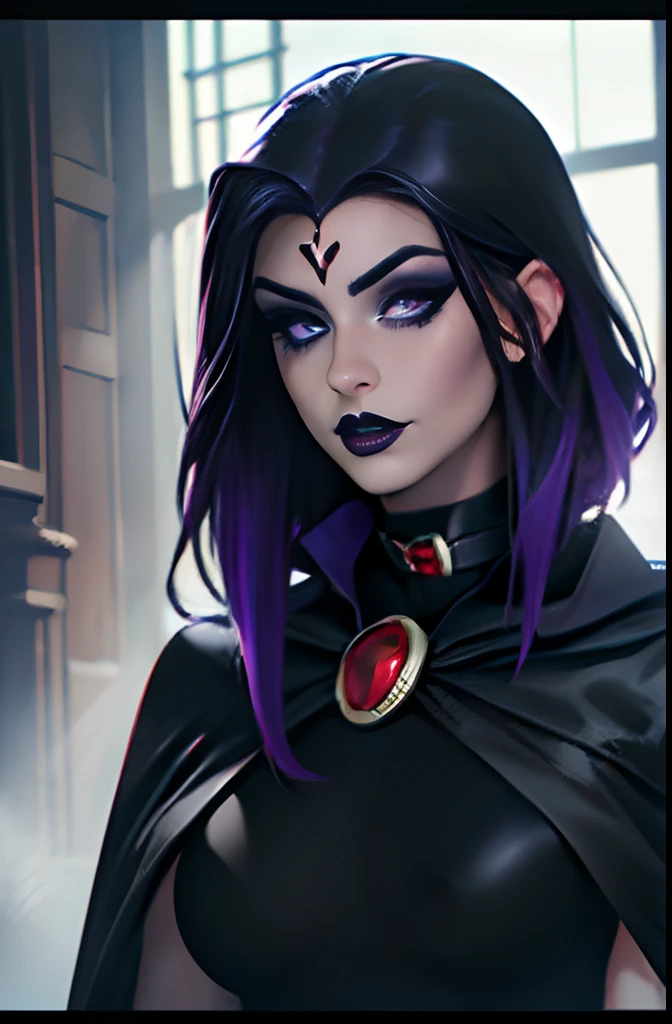 (Best Quality, 8k, 32k, Masterpiece, UHD:1.3), (Photo of Attractive Caucasian Gothic model Woman with tattoos), 1 Girl cosplaying Raven, heavy makeup ,  cape, choker,very pale skin,Ultra Detailed Face, Detailed Lips, Fine Eyes, black lipstick, Fine Eyes, double eyelids