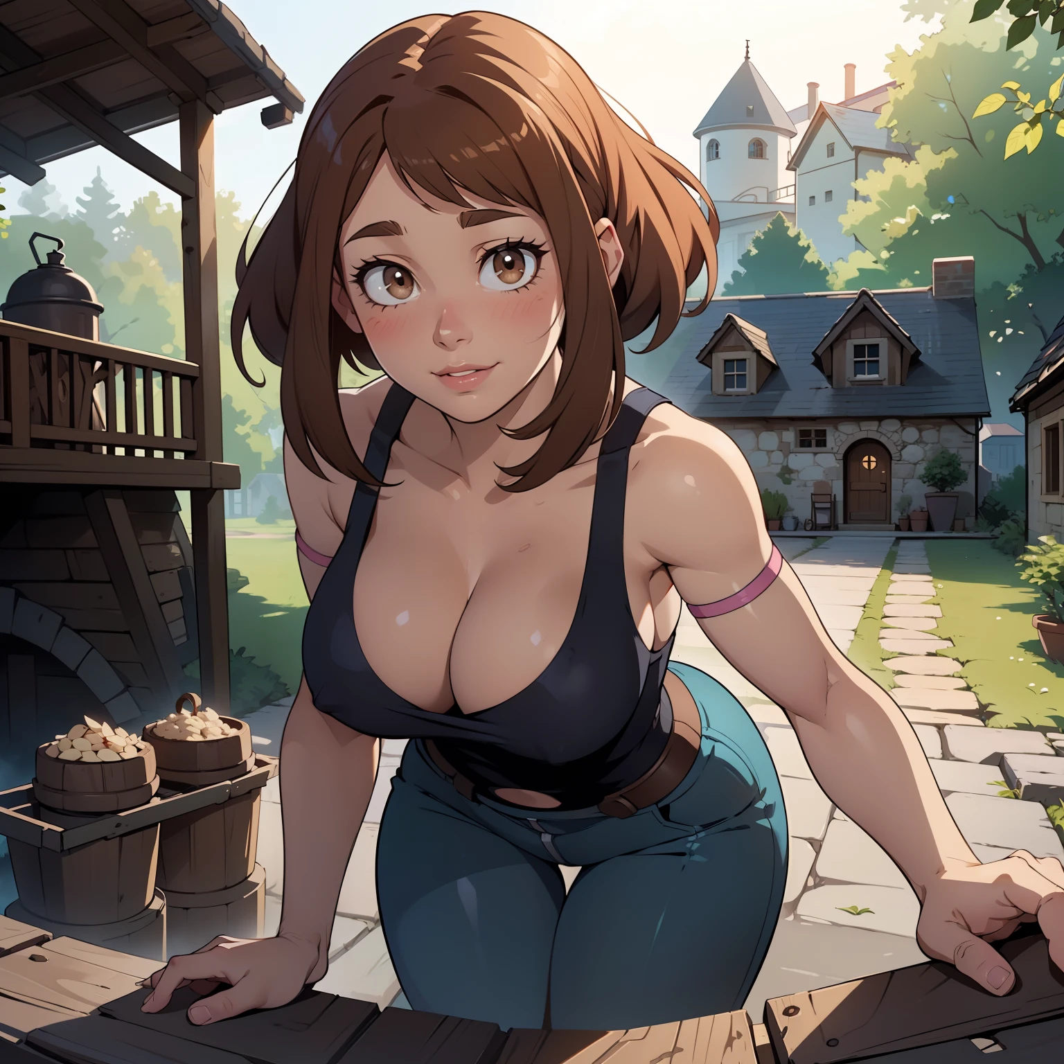 Hyper realistic super detailed sexy Ochaco Uraraka, NSFW, Very detailed, expressions faciales sexy, seductive facial expressions, [:(Face detail: 1.4): 0.4], 16K resolution, 4k resolution, dinamic lighting, High definition resolution, (sexy pose, Position attrayante), (hyper realistic: 1.4), (back light: 1.2), (daylight: 1), (pleine hauteur: 1.8),(contrasting background: 1.5), (Anatomy of the hyperrealistic arm), (Hyperrealistic anatomy of the legs), (peau propre), (lighting cinematic: 1.7), (intime), (Technologie NVIDIA RTX Ray Tracing), (Anatomy of the hyperrealistic arm: 2), (Ventre plat parfait), (image couleur), Generate (point-of-view:1.5) an image centered around Ochaco Uraraka young miller's exceptionally attractive with big breasts and reavling exposed cleavage with wide hips and narrow waist and exuding an alluring and voluptuous physique that radiates warmth and sensuality. Her braided, lustrous hair cascades gracefully down her shoulders, enhancing her captivating presence.
Her eyes are a striking and inviting feature, drawing viewers into her gaze with their soft, welcoming warmth. Her face boasts delicate proportions, featuring a gentle blush on her cheeks, a small nose, and high cheekbones. Her plump lips are full and inviting, often curved into a warm and welcoming smile. Her skin is smooth and gloosy.
The scene is set around a medieval mill courtyard, a charming and rustic wooden structure nestled in a tranquil forest. The mill's wooden structure enhances the rustic ambiance of the scene, and its waterwheel turns gently
Ochaco Uraraka is positioned near the mill courtyard, engrossed in various house chores that connect her to the daily rhythm of country life. She may be seen tending to the mill's operation, handling sacks of flour, and organizing grains scattered around. These elements add depth to the image and convey her integral role in the mill's functioning