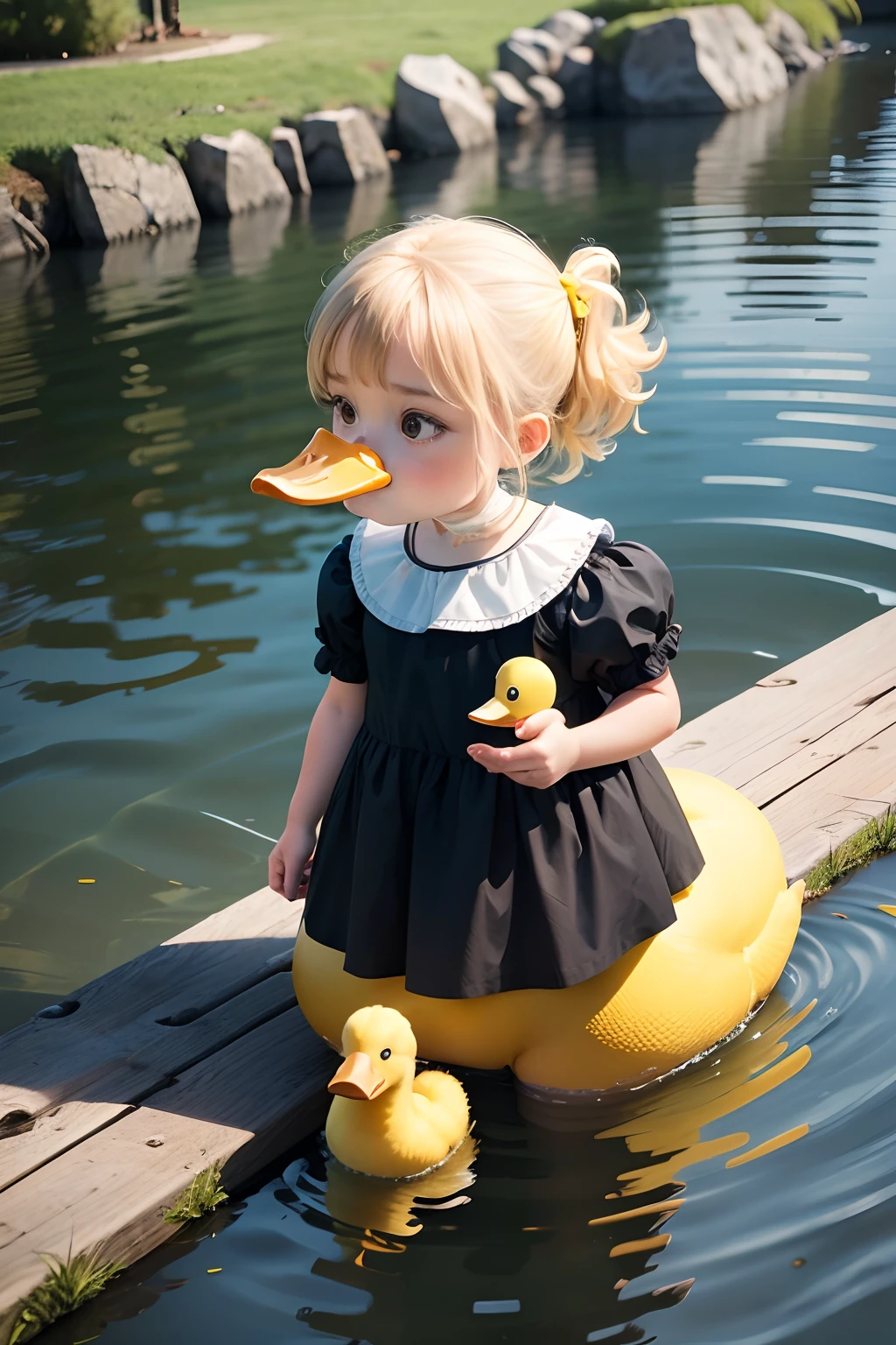 A big yellow duck and cute little girl,Pure lake water,Beautiful light and shadow