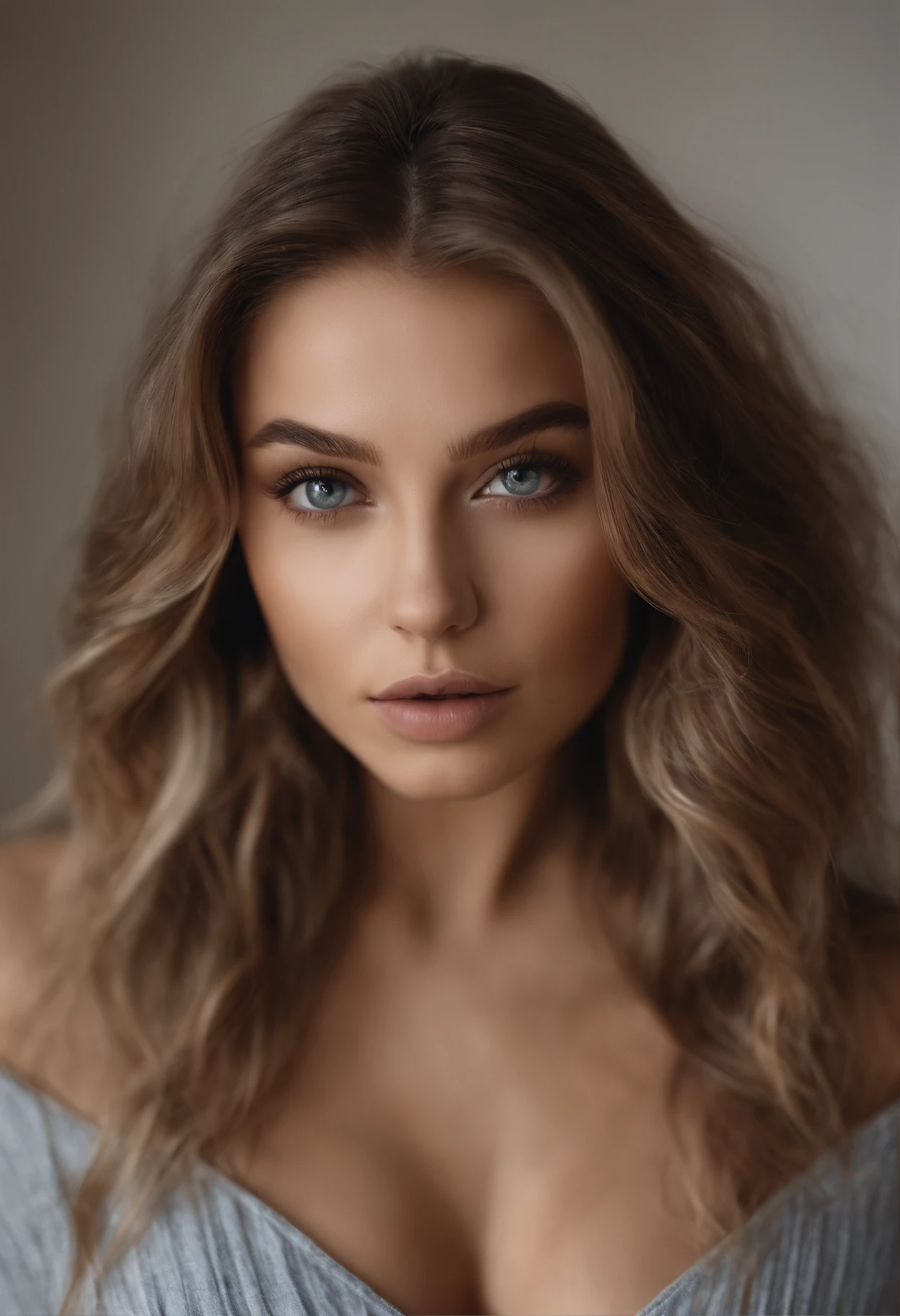 Arafed woman completely , fille sexy aux yeux bleus, ultra realist, Meticulously detailed, Portrait Sophie Mudd, cheveux blonds et grands yeux, selfie of a young woman, Yeux de chambre, Violet Myers, sans maquillage, maquillage naturel, looking straight at camera, Visage avec Artgram, Maquillage subtil, Great photo of the whole body kneeling on the bed, dans la chambre, Medium to large bust