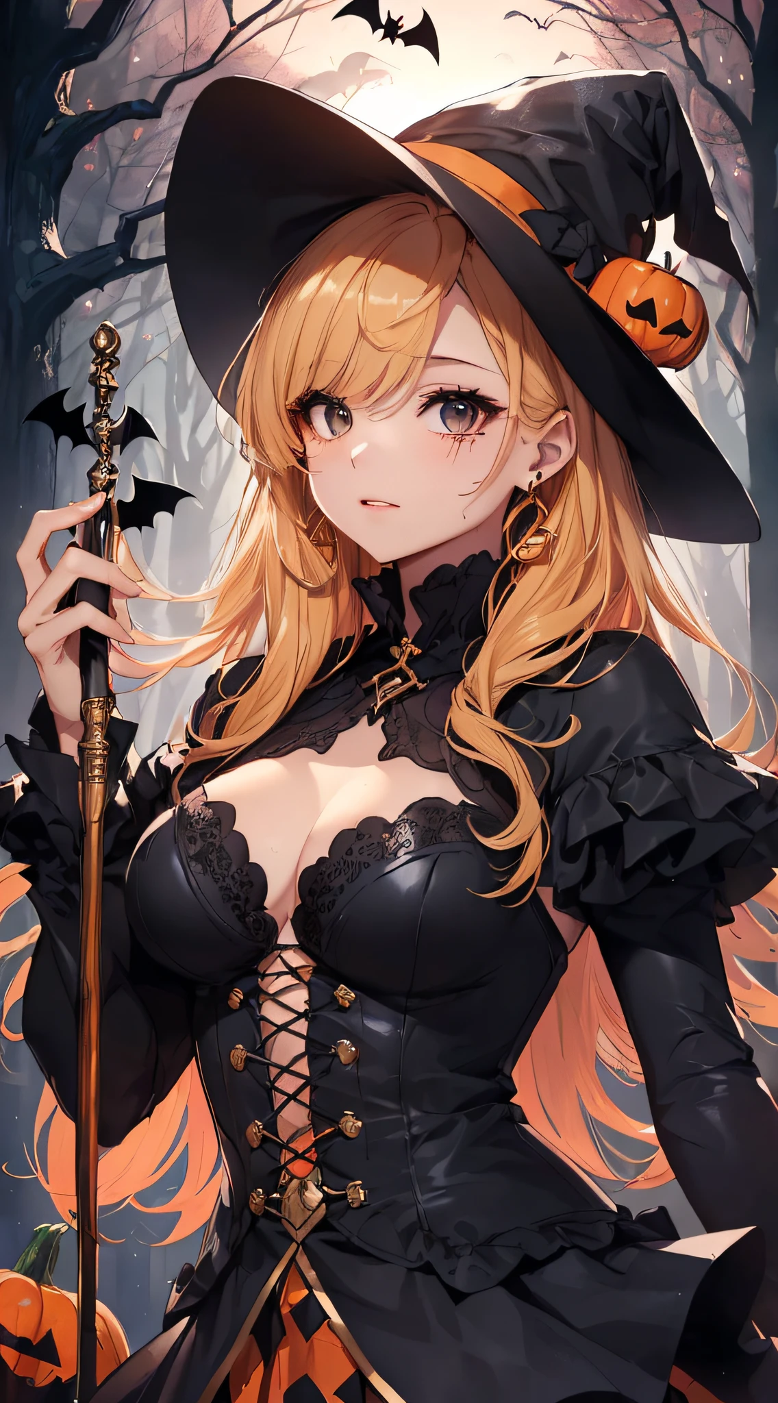 top-quality、Top image quality、masterpiece、s girl((18year old,Black Wizard Hat、Black and orange sexy clothes,Orange and black skirt、Orange muffler,Best Bust、Bust 85、Blonde Long Hair,Black eyes、open chest wide、Valley、Happiness、A slender、Blood coating、Emphasis on the chest、Bats tattoo、Gold Earrings、Beckon motion、magic wands))hiquality、Beautiful Art、Background with((natta、dark sky、Halloween at night、the bats、pumpkins,Nightmare、Halloween、in woods))、Depth(Beautiful black house),masutepiece、Elaborate design、visualart、high contract、The best lighting、highestdetailed、