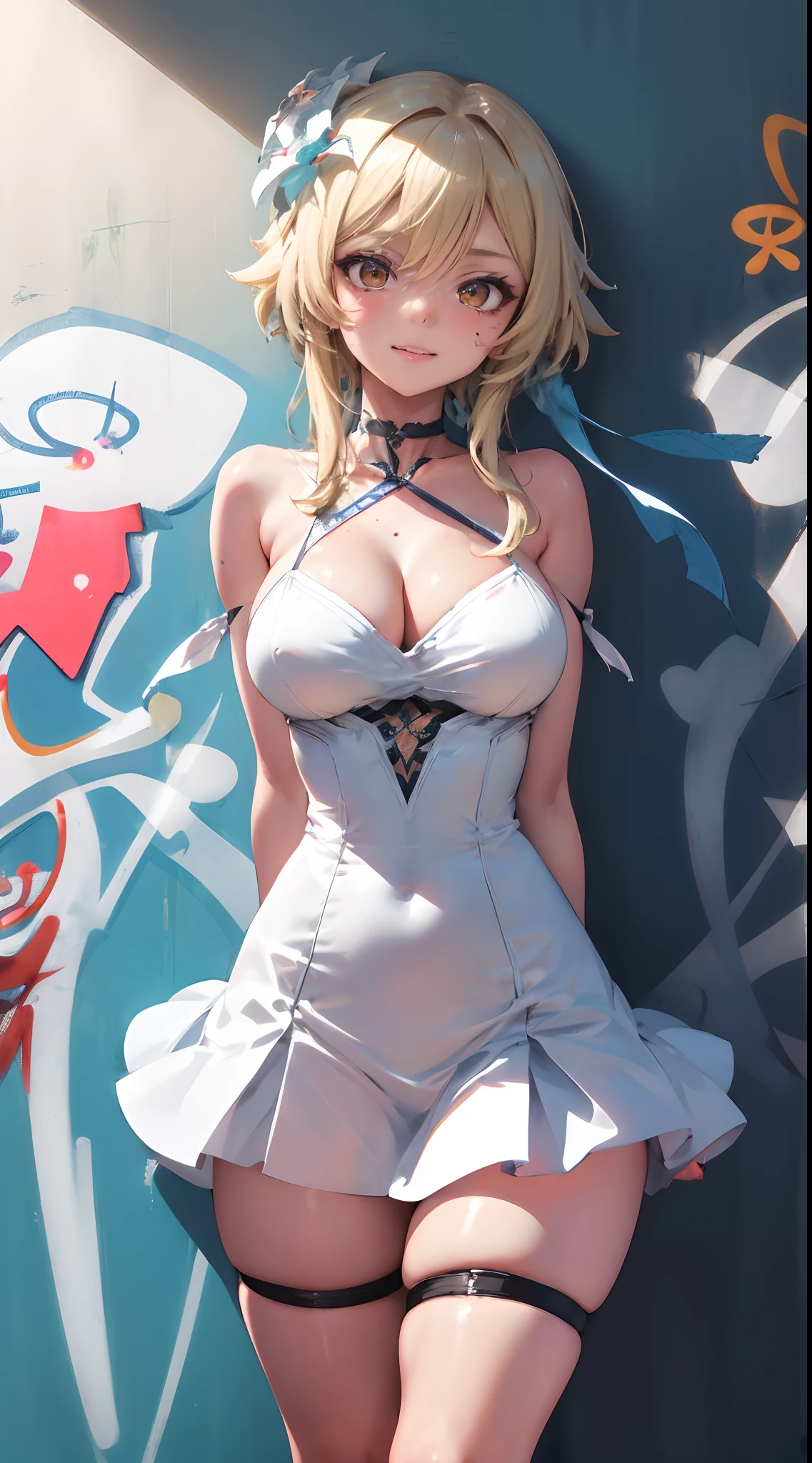 Lumine | genshin impact, master-piece, bestquality, 1girls,25 years old, proportional body, proportional., Wedding Dresses, White Wedding Dress, wedding, mediuml breasts, ,bara, choker, (Graffiti:1.5), Splash with purple lightning pattern., arm behind back, against wall, View viewers from the front., Thigh strap, Head tilt, bored, 10, 10, HD, slight smile,
