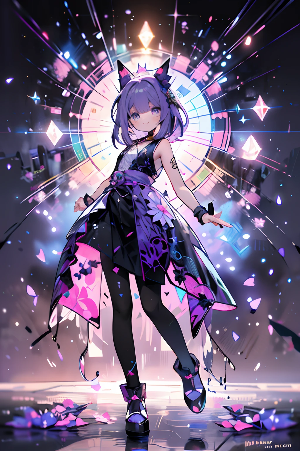(Background Light Purple:1.4)，(Nature illustration:1.3，paper art:1.3, Quilted Paper Art:1.2),(Clear lines, High Sharpness,Best Quality, Very detailed, masutepiece, Movie Light Effects, 4K )(Particles of light:1.0)Background with、Purple petals、long、Purple ribbon on clothes、a cool、Cool Girl、lightsmile、Idol motifs、Purple Theme、Idol、Cool Idol、Idol Costumes、Hold the microphone、full body Esbian、bow ribbon、Purple Knight、stele、Purple idol costume、spot light、Cool smile