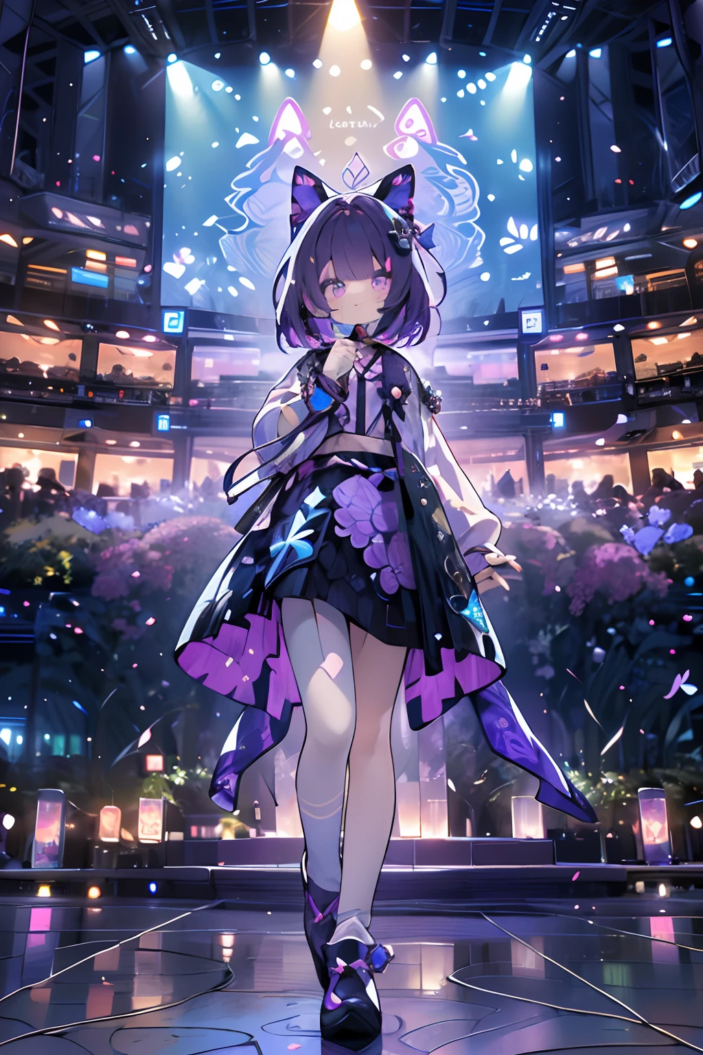 (Background Light Purple:1.4)，(Nature illustration:1.3，paper art:1.3, Quilted Paper Art:1.2),(Clear lines, High Sharpness,Best Quality, Very detailed, masutepiece, Movie Light Effects, 4K )(Particles of light:1.0)Background with、Purple petals、long、Purple ribbon on clothes、a cool、Cool Girl、lightsmile、Idol motifs、Purple Theme、Idol、Cool Idol、Idol Costumes、Hold the microphone、full body Esbian、bow ribbon、Purple Knight、stele、Purple idol costume、spot light、Cool smile