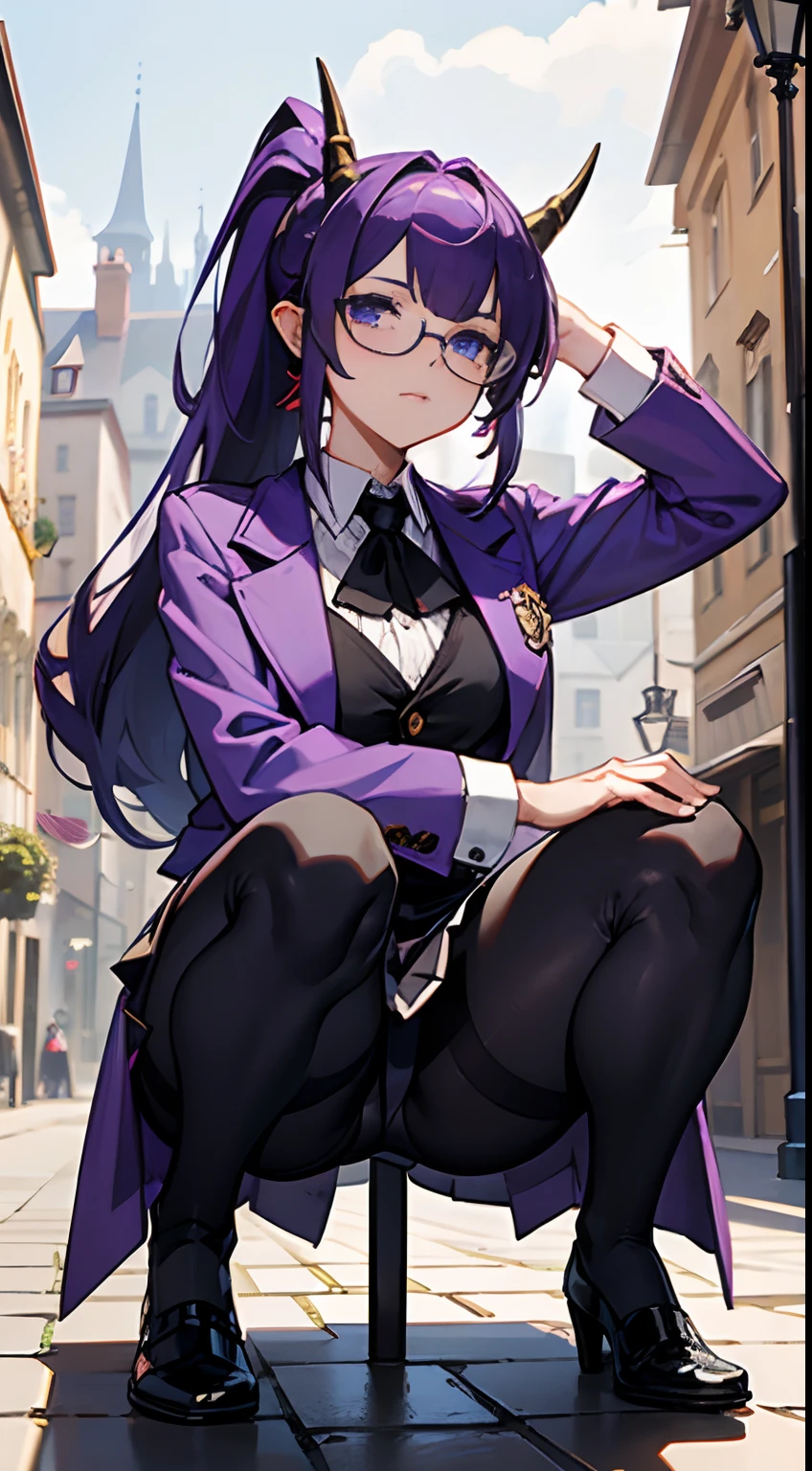 tmasterpiece, hyper qualit, ultra - detailed, Perfect drawing, CG, 。.。.。.3D, 8K, illustration, Solo, Tall and beautiful girl，There are horns on the forehead (2.0), Purple hair ponytail, slimification (Width 95cm, Width 55 cm, Height 90 cm, D180 cm), Purple suit, Wear a vest in a jacket, skinny pants, holding a large sword (180cm) In one hand, Dignified face, Low but cute eyes, pointy-eared, Glasses, Medieval European townscape, Old castle, cobblestones, fantasy，squatt，Full body photo，squatting pose，M-shaped legs，opening legs，Frontal photo，Skirt bottom view，Lift the skirt，roll up skirt，black pantyhoses，Black pantyhose，Put your hands behind your head，