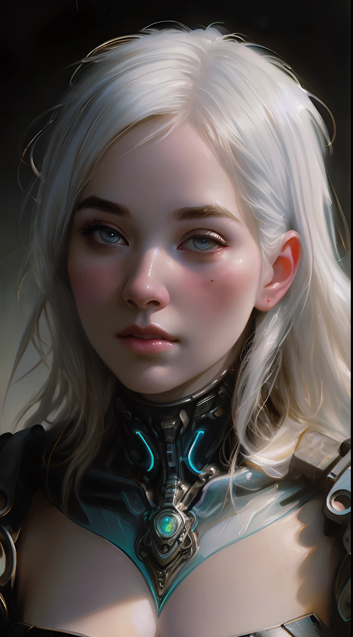 Stunning photorealistic portrait oil painting of 1 beautiful cyberpunk girl, albino, white skin, white shapeless cyberpunk hair, ((white eyebrows)), baroque intricate cyber armor, solo, hyperdetailed painting, luminism, Bar lighting, complex, 4k resolution concept art portrait by Greg Rutkowski, Artgerm, WLOP, Alphonse Mucha, realistic fantasy, fractal isometrics details bioluminescence, beautiful awesome, intricately detailed, cinematic, trending on artstation | Isometric | Centered hypereallistic cover photo awesome full color, dark, gritty, realistic, Alphonse Mucha, Gustav Klimt, ((chiaroscuro oil painting gradient background))