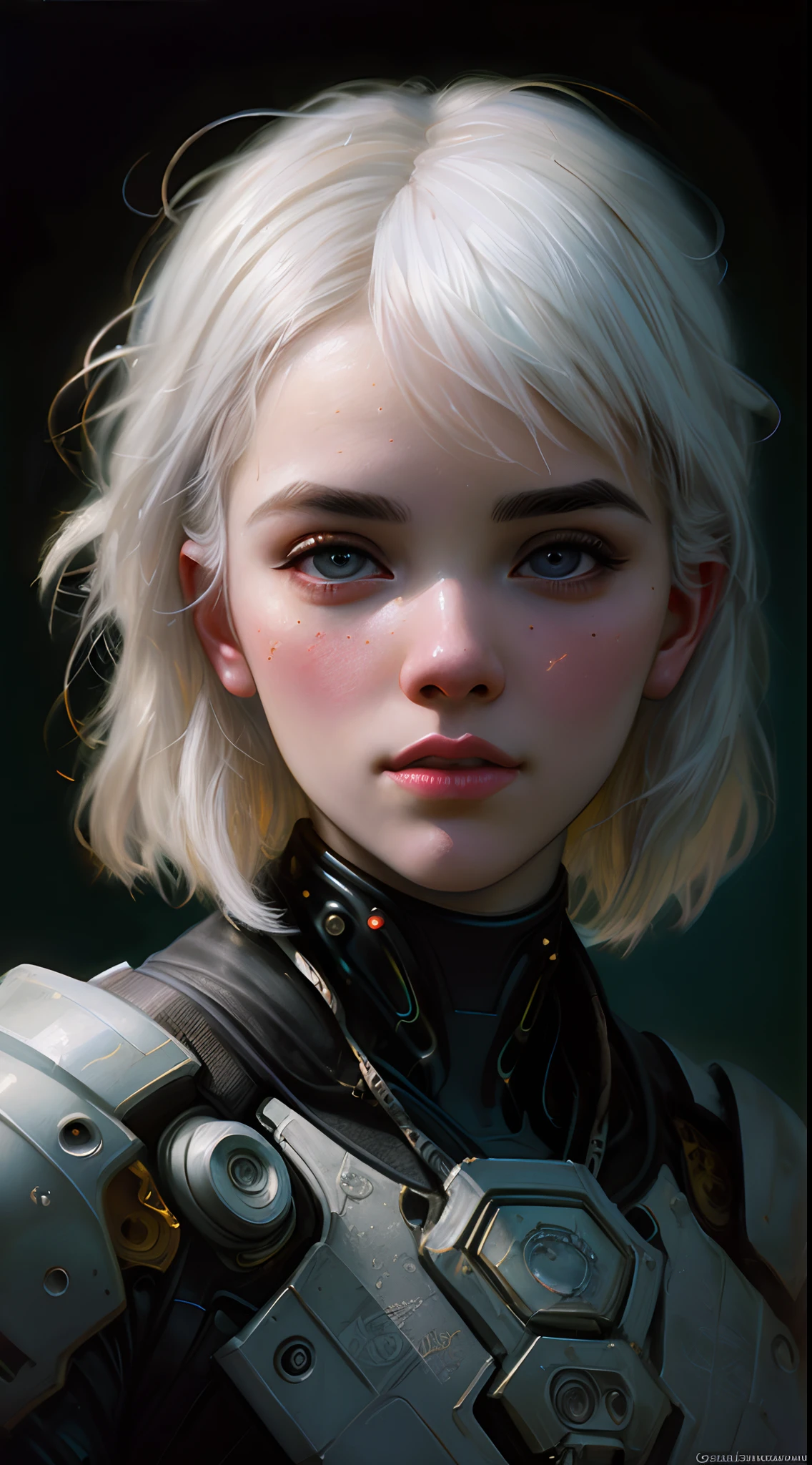 Stunning photorealistic portrait oil painting of 1 beautiful cyberpunk girl, albino, white skin, white shapeless cyberpunk hair, ((white eyebrows)), baroque intricate cyber armor, solo, hyperdetailed painting, luminism, Bar lighting, complex, 4k resolution concept art portrait by Greg Rutkowski, Artgerm, WLOP, Alphonse Mucha, realistic fantasy, fractal isometrics details bioluminescence, beautiful awesome, intricately detailed, cinematic, trending on artstation | Isometric | Centered hypereallistic cover photo awesome full color, dark, gritty, realistic, Alphonse Mucha, Gustav Klimt, ((chiaroscuro oil painting gradient background))
